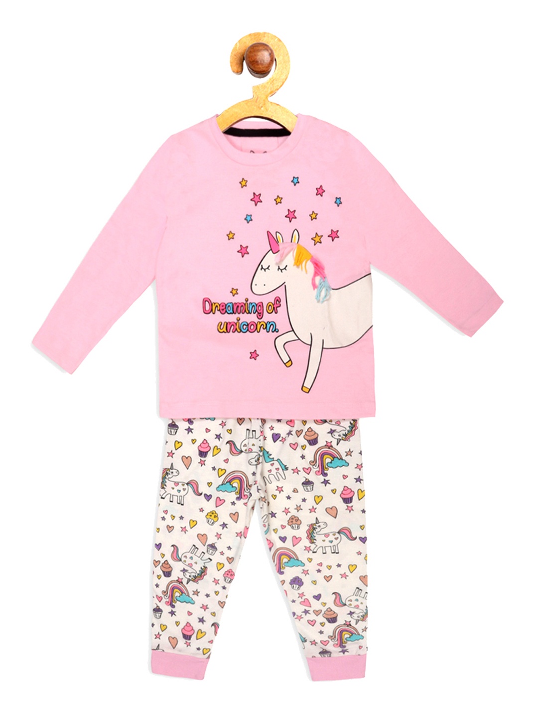 

Lazy Shark Girls Pink & Off-White Printed Night suit