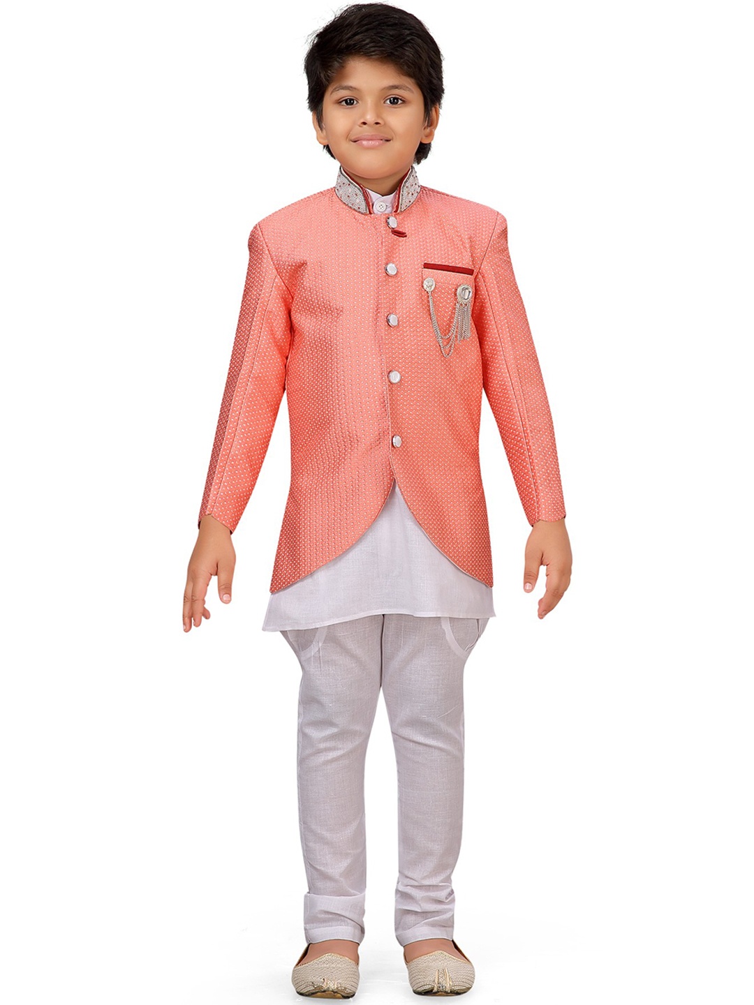 

Aj DEZInES Boys Pink & White Woven Design Silk Sherwani Set