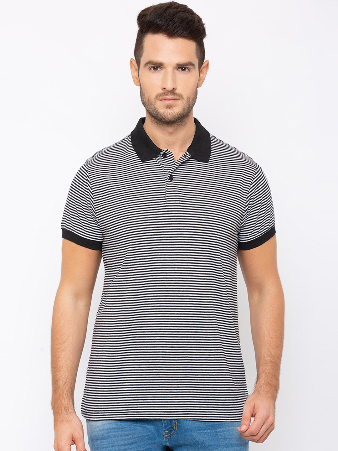 

Globus Men Black Striped Polo Collar T-shirt