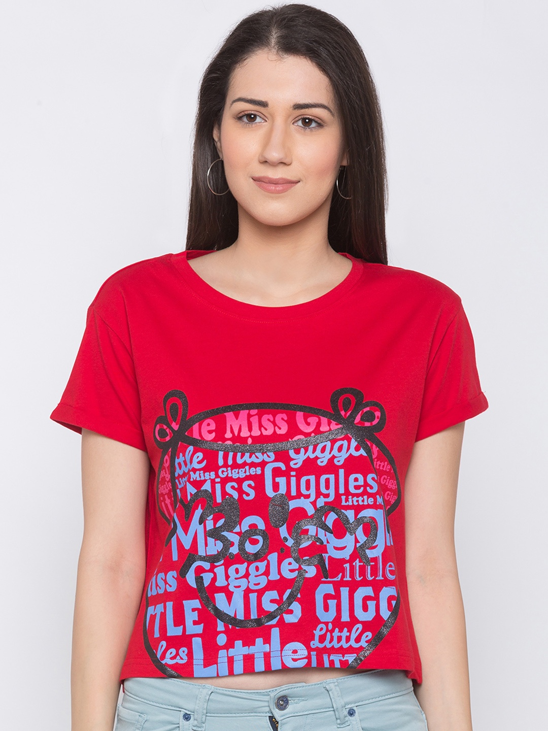 

Globus Women Red Printed Round Neck Crop T-shirt