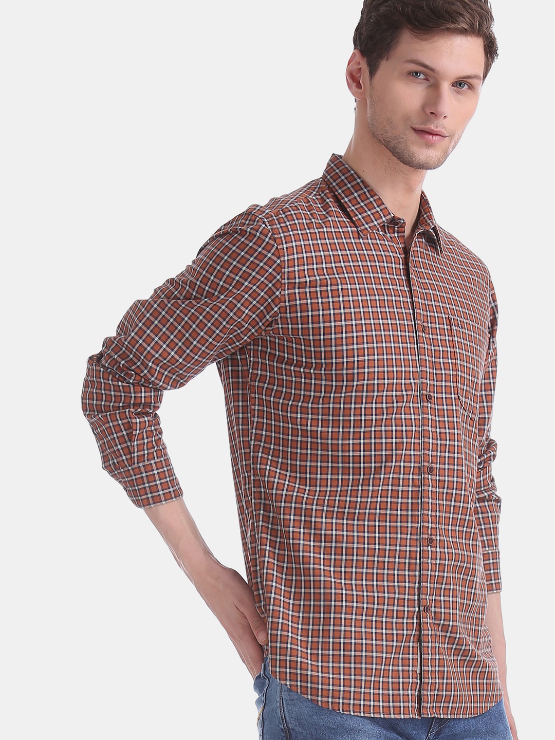 

AD By Arvind Men Rust Orange & Off-White Modern Slim Fit Checked Casual Shirt