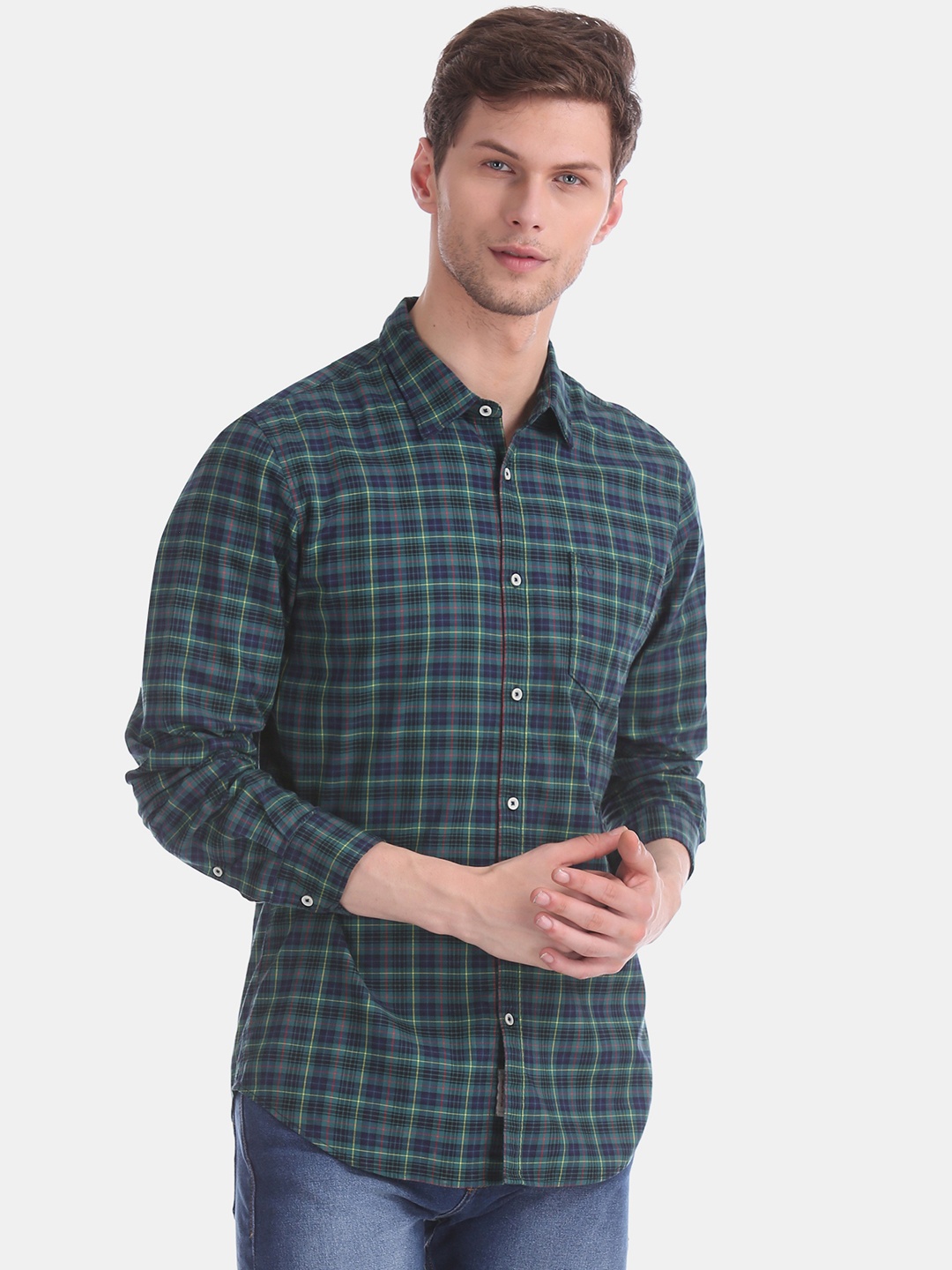 

AD By Arvind Men Green & Navy Blue Modern Slim Fit Tartan Check Casual Shirt