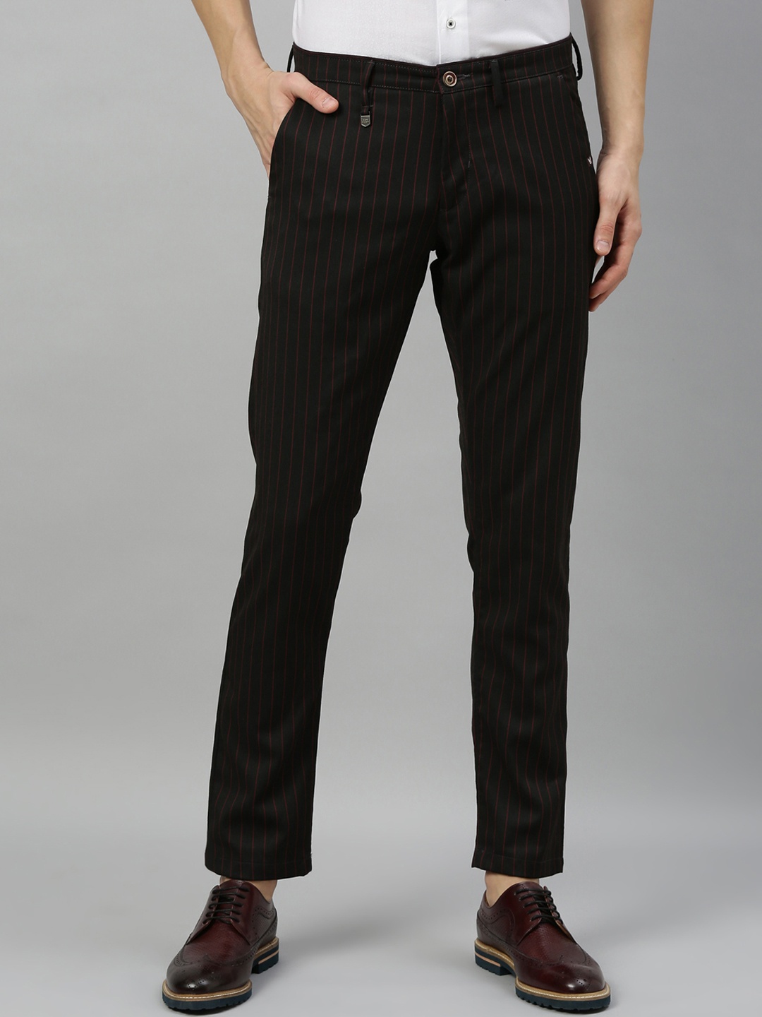 

RARE RABBIT Men Black & Maroon Regular Fit Striped Regular Trousers