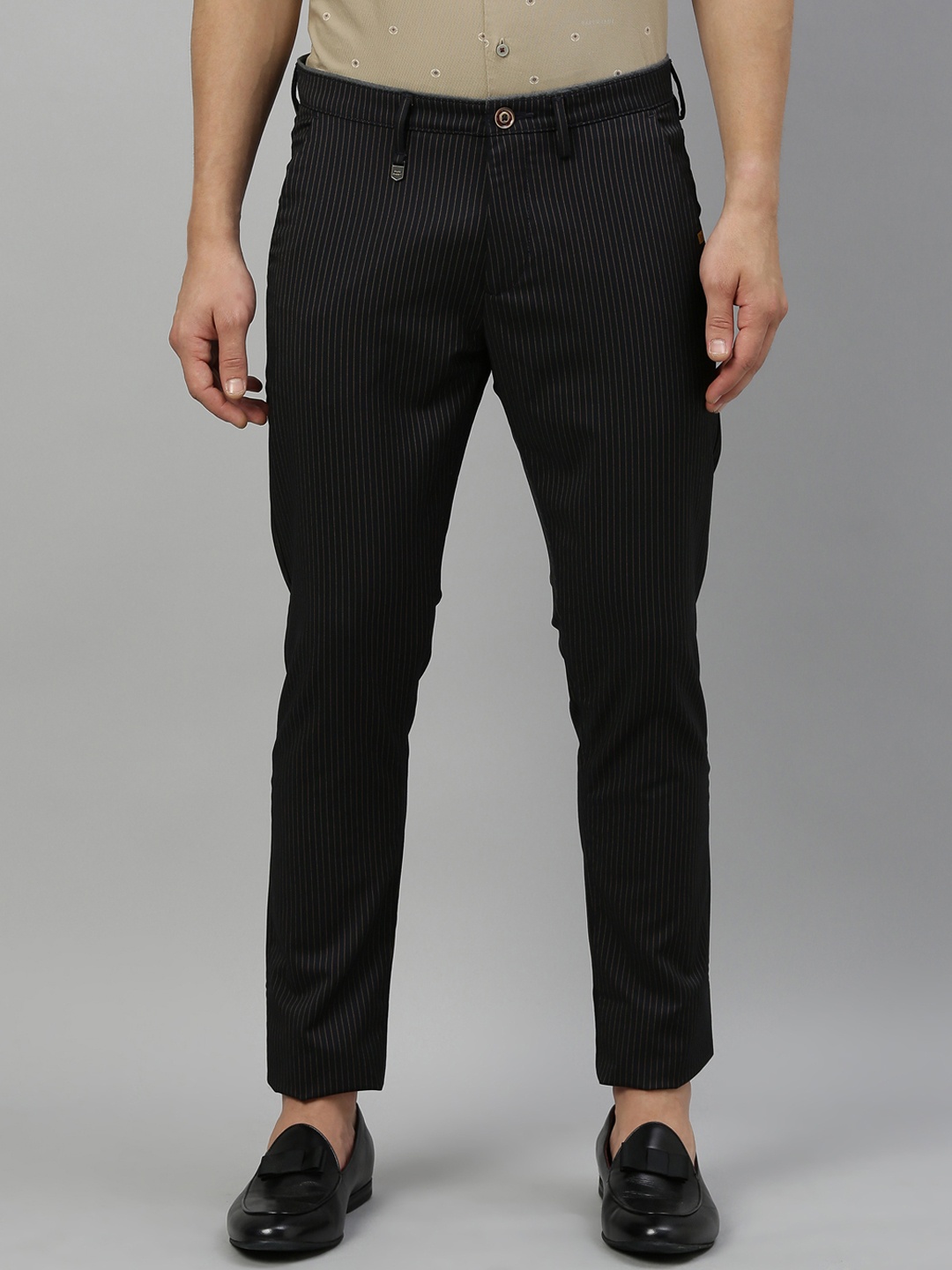 

RARE RABBIT Men Black Regular Fit Striped Regular Trousers
