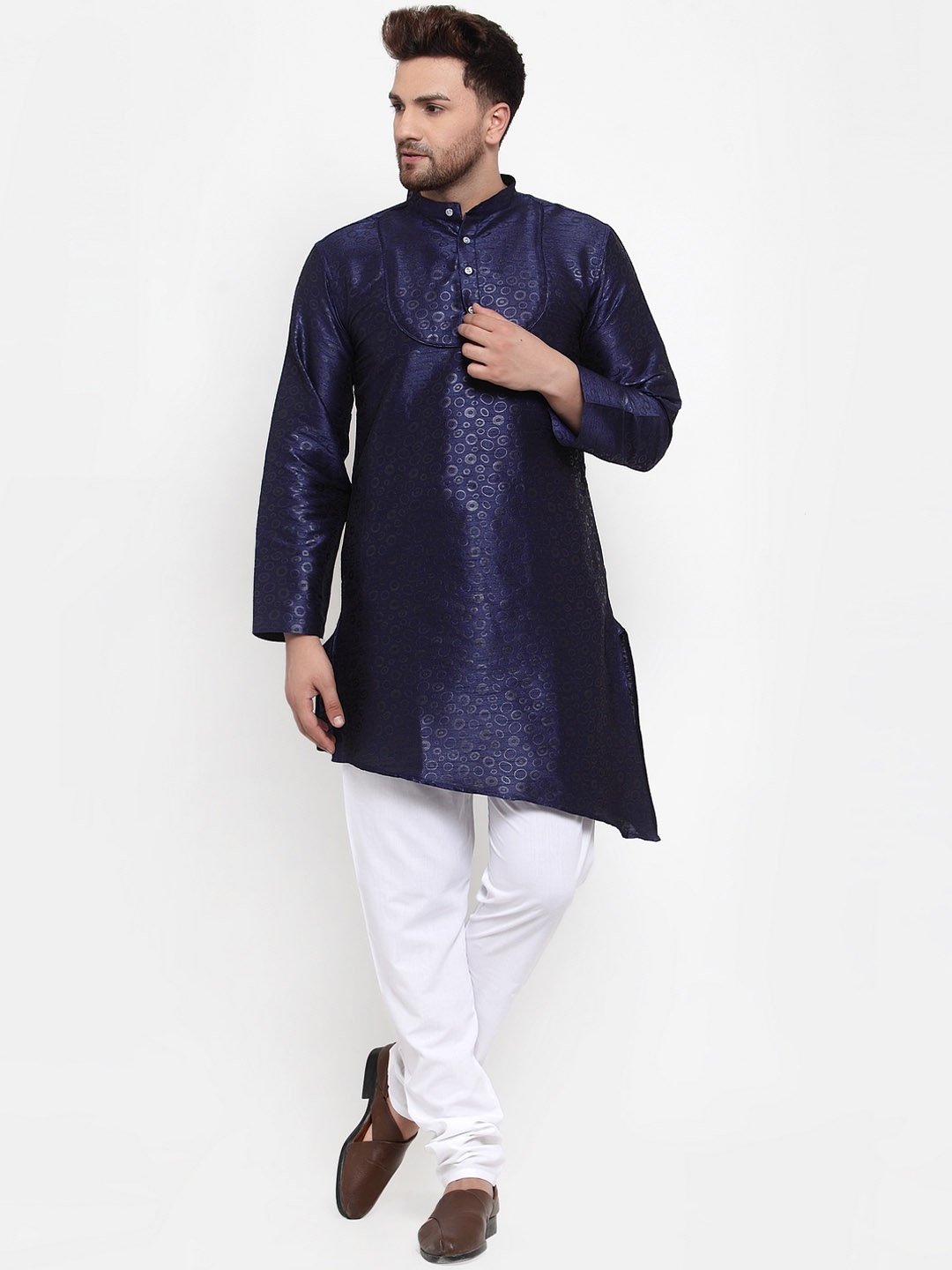 

KLOTTHE Men Navy Blue Printed A-Line Silk Kurta