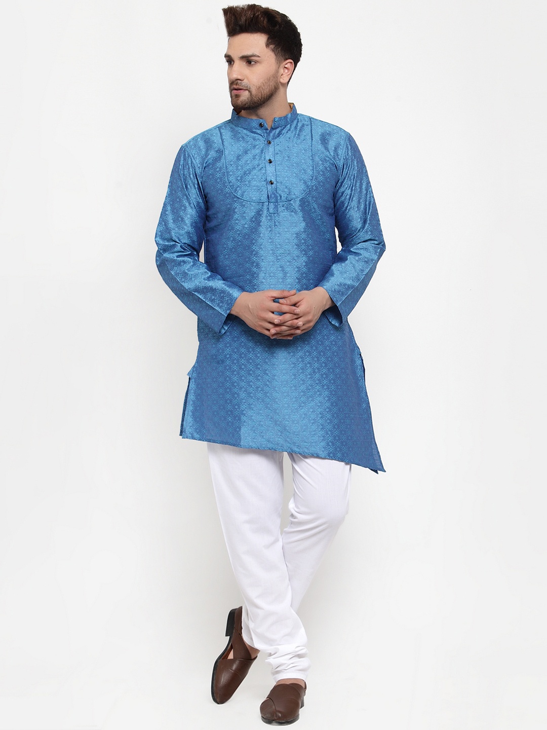 

KLOTTHE Men Blue Woven Design A-Line Silk Kurta