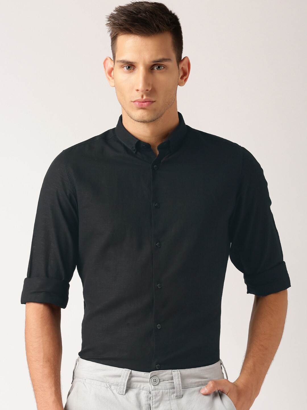 

ether Men Black Regular Fit Anti Microbial Cotton Linen Shirt