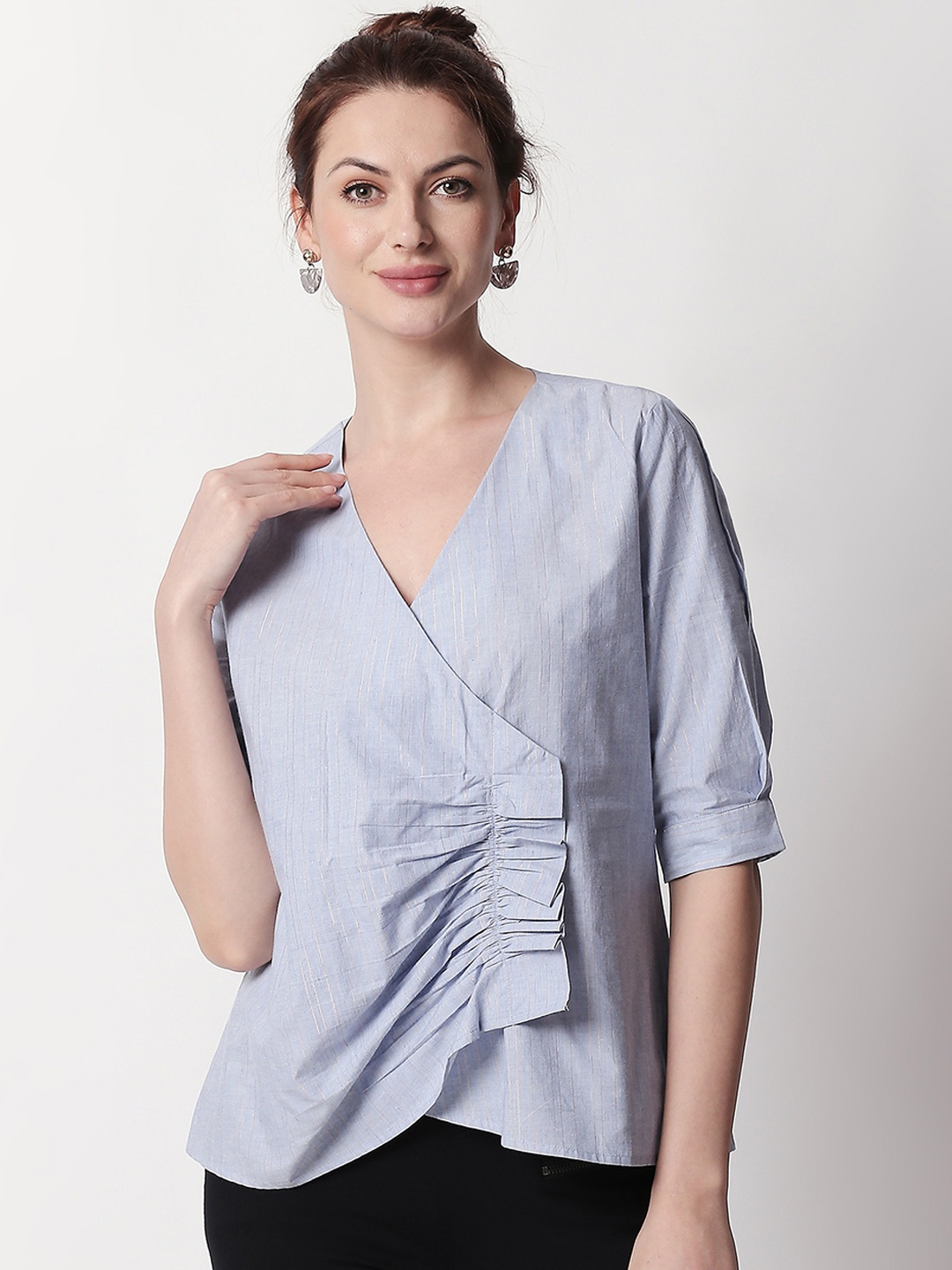 

RAREISM Women Blue Self Design Wrap Pure Cotton Top
