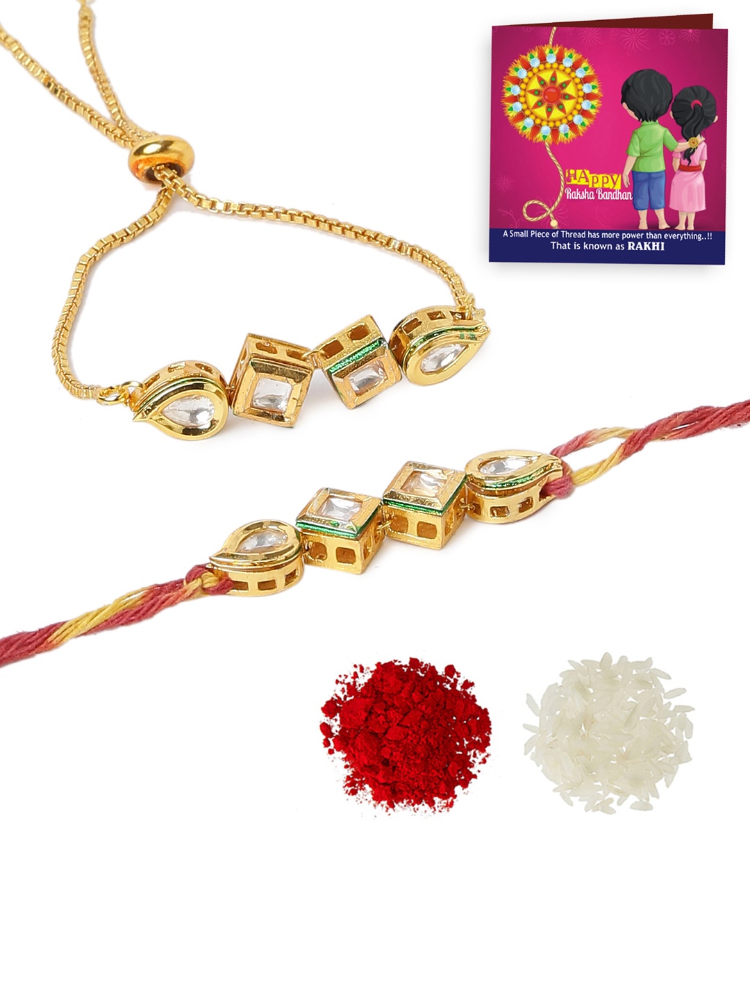 

Yellow Chimes Gold-Plated Handcrafted Dori Bhaiya Bhabhi Rakhi Combo with Roli & Chawal