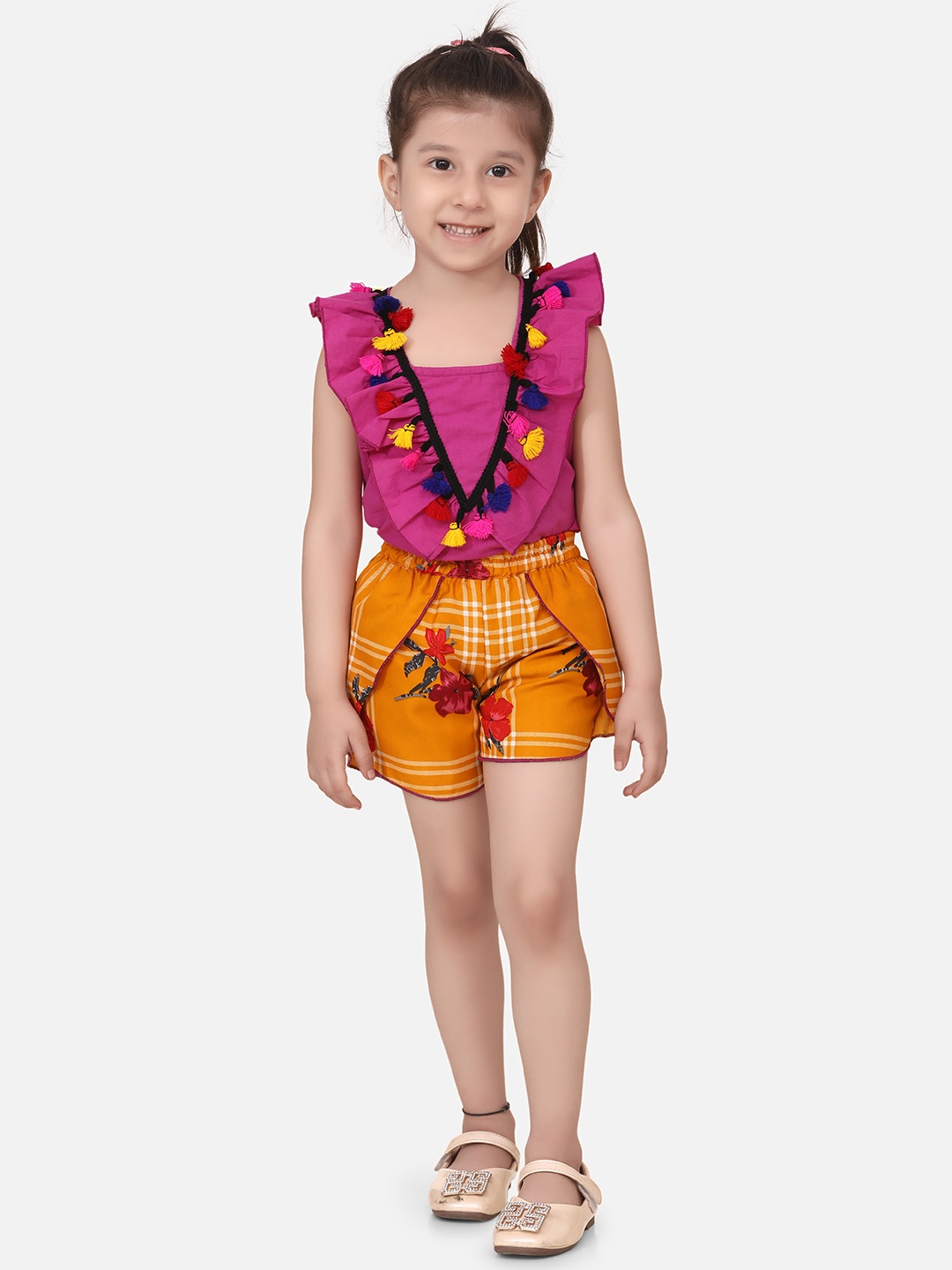 

Cutiekins Girls Purple & Mustard Yellow Printed Top with Shorts
