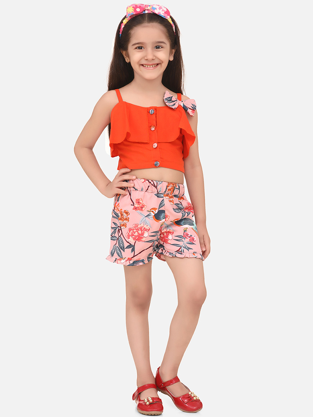 

Cutiekins Girls Orange & Pink Solid Top with Shorts