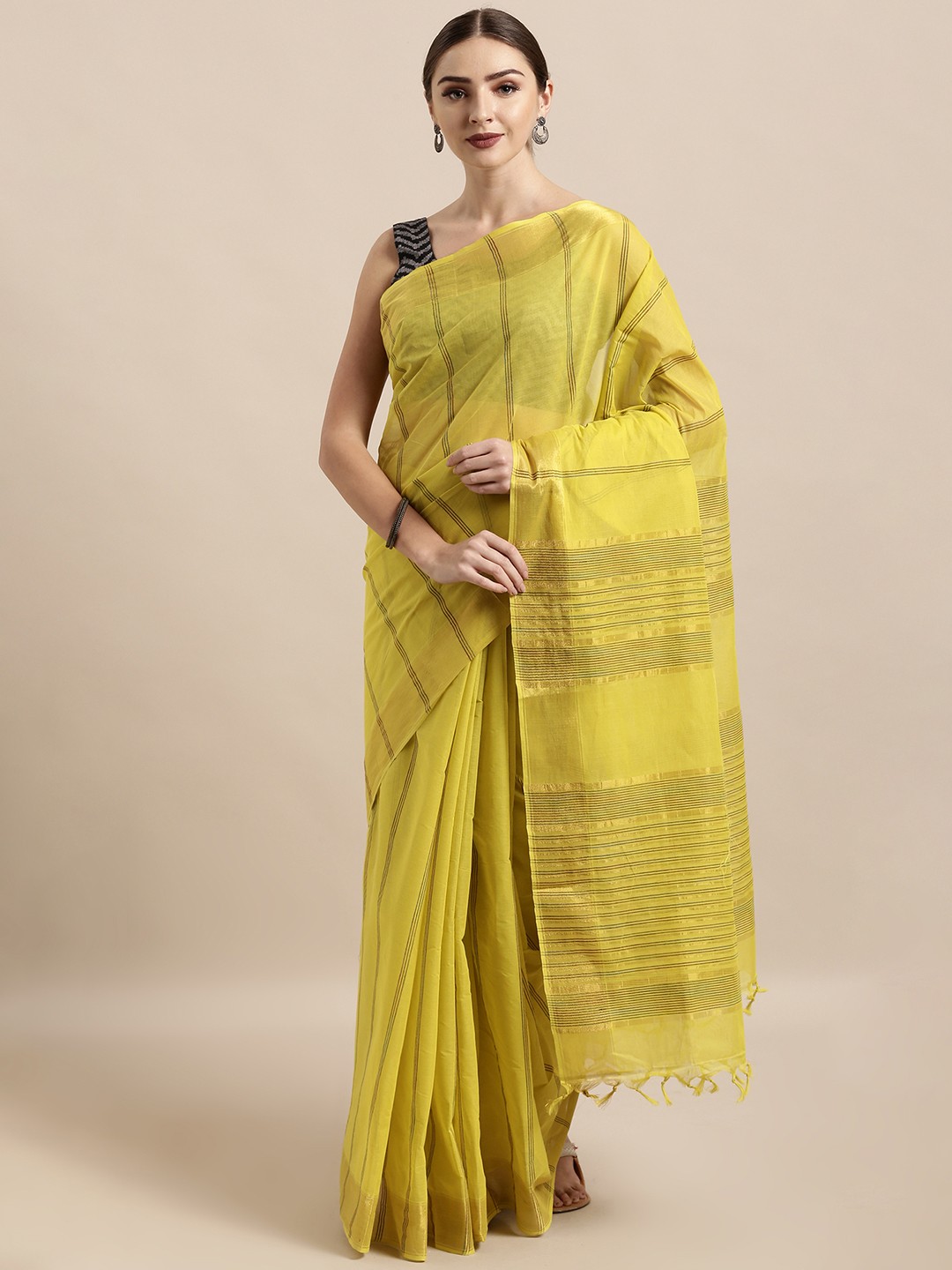 

The Chennai Silks Classicate Lime Green & Black Pure Cotton Striped Chettinad Saree