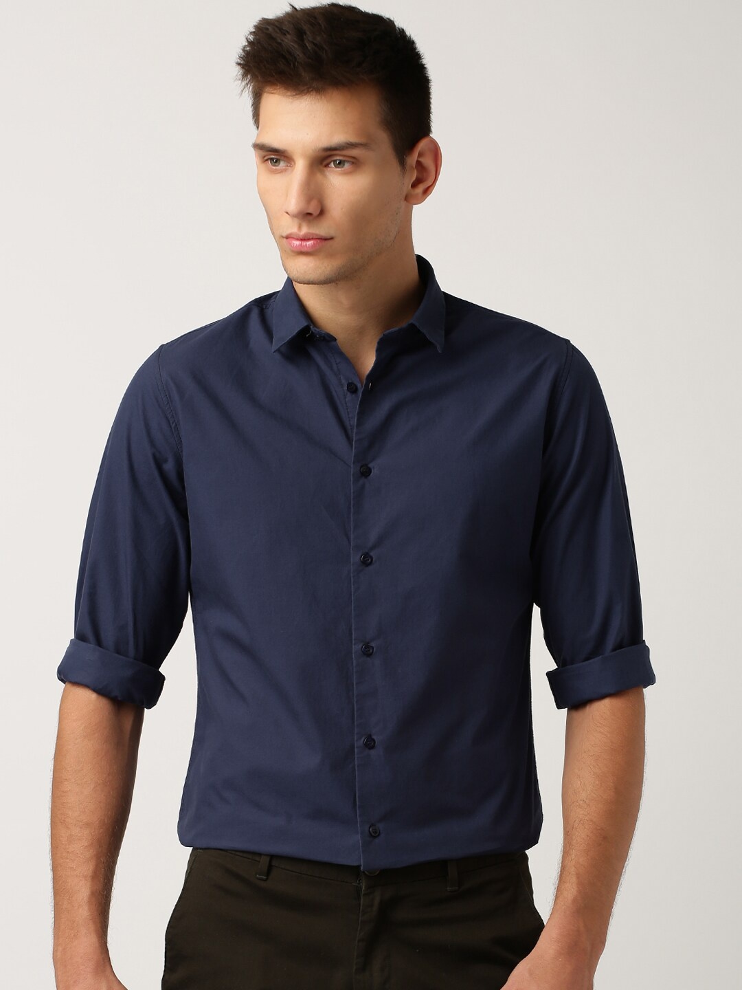 

ether Men Navy Blue Regular Fit Anti Microbial Poplin Cotton Shirt