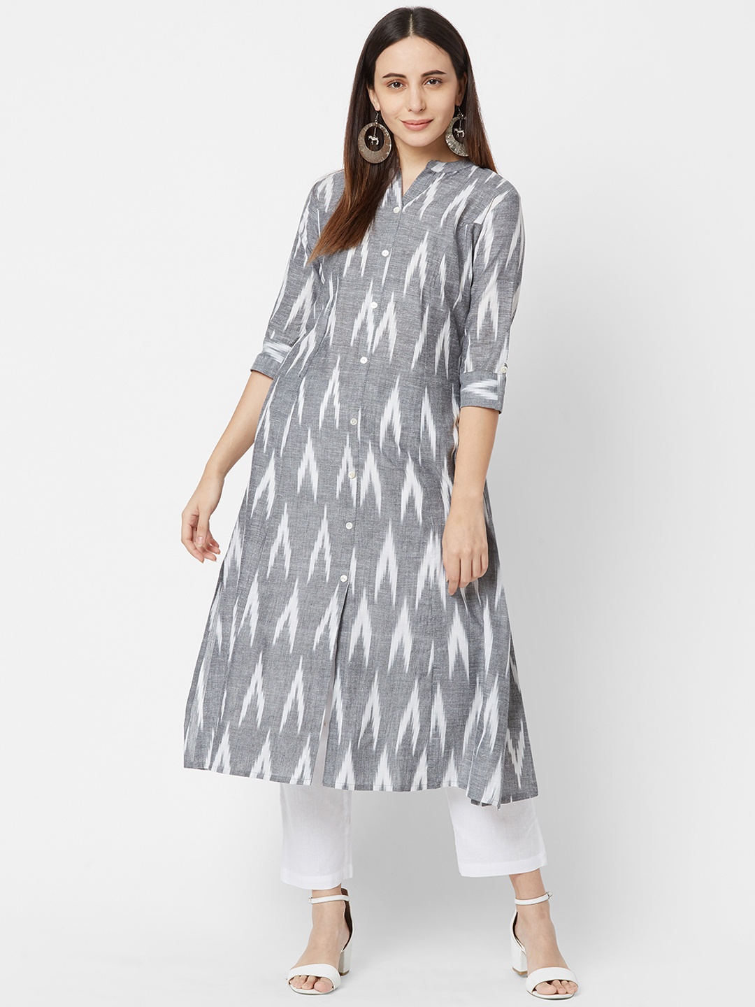 

FASHOR Women Grey & White Ikkat Printed A-Line Kurta