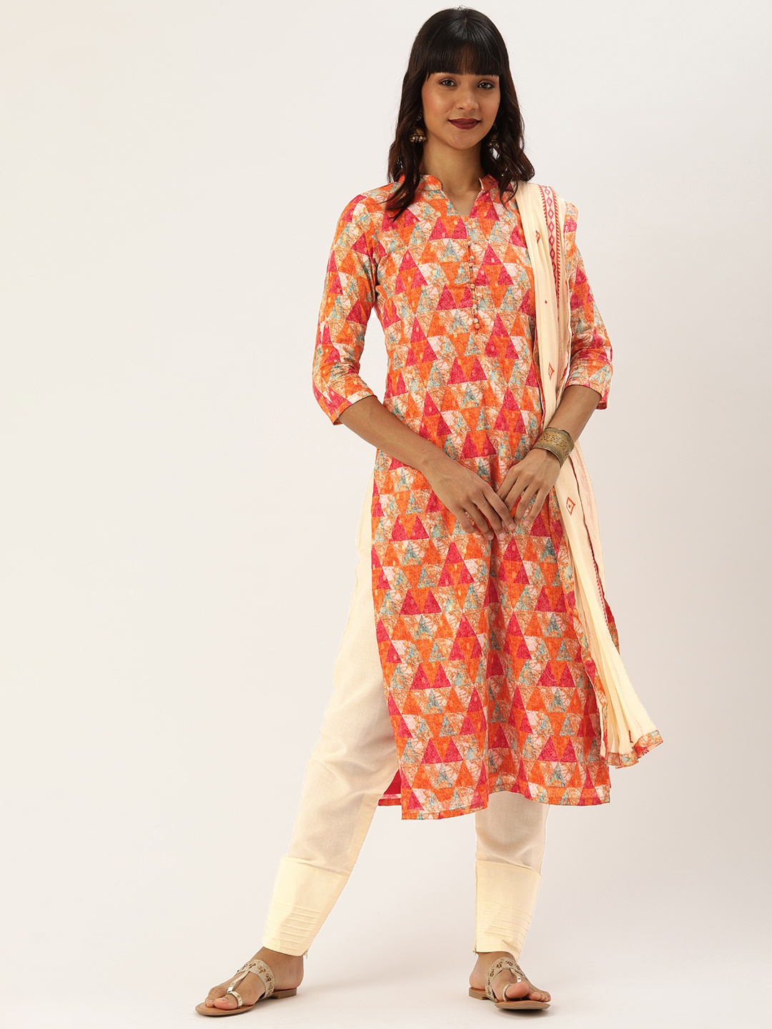 

Kvsfab Orange & Cream-Coloured Cotton Blend Unstitched Dress Material