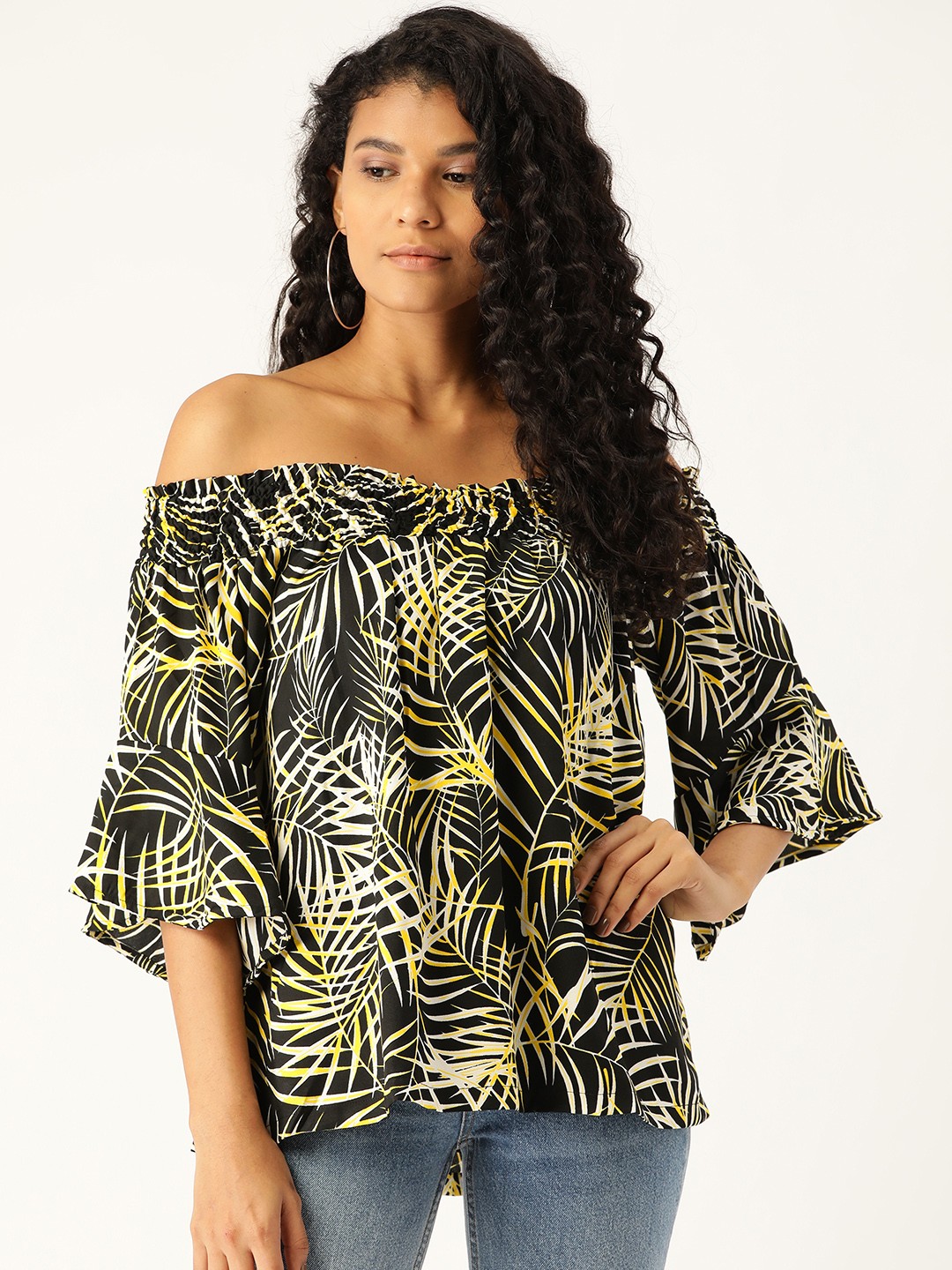 

Moda Rapido Women Black & Yellow Printed Bardot Top