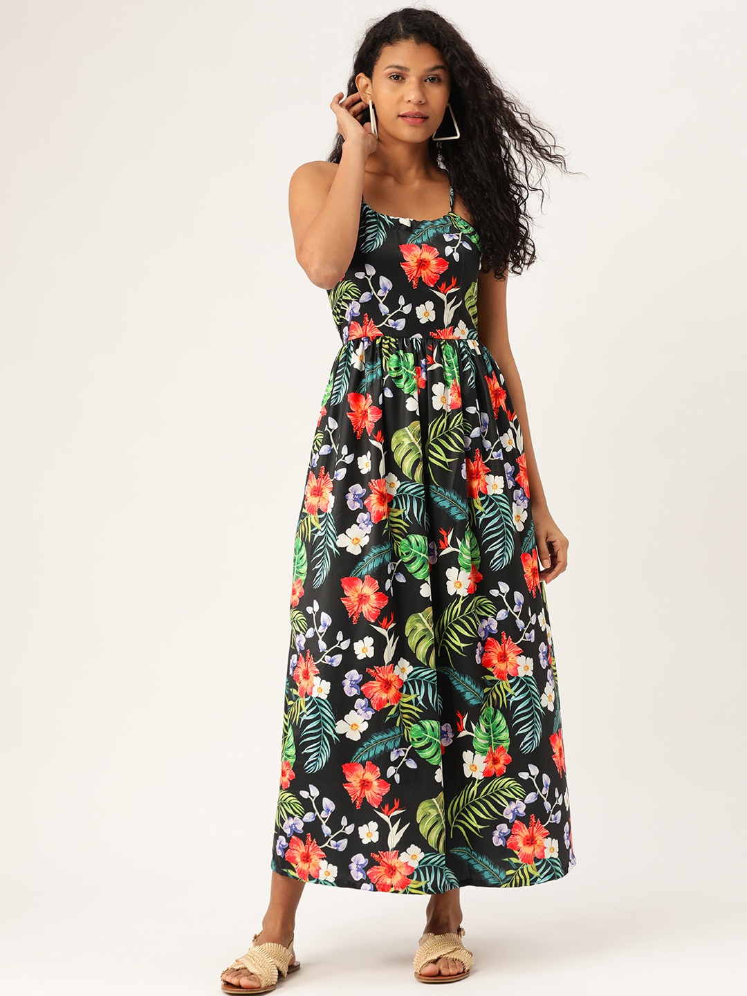 

Moda Rapido Women Black & Green Tropical Printed Styled Back Maxi Dress