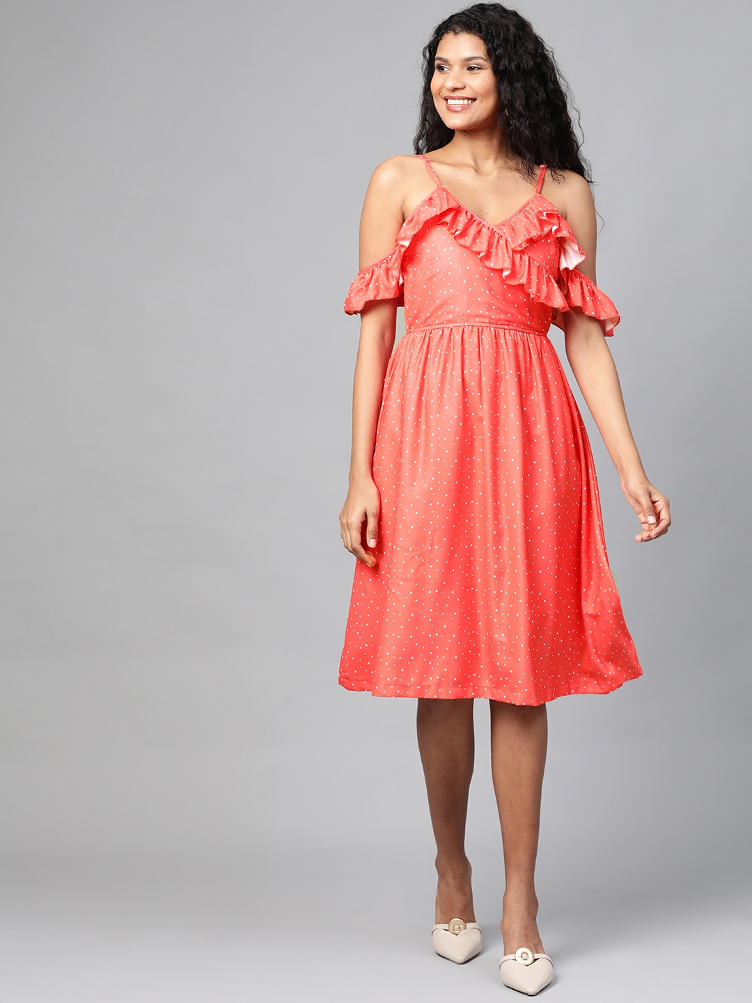 

HERE&NOW Women Coral Orange & White Polka Dots Print Wrap Dress