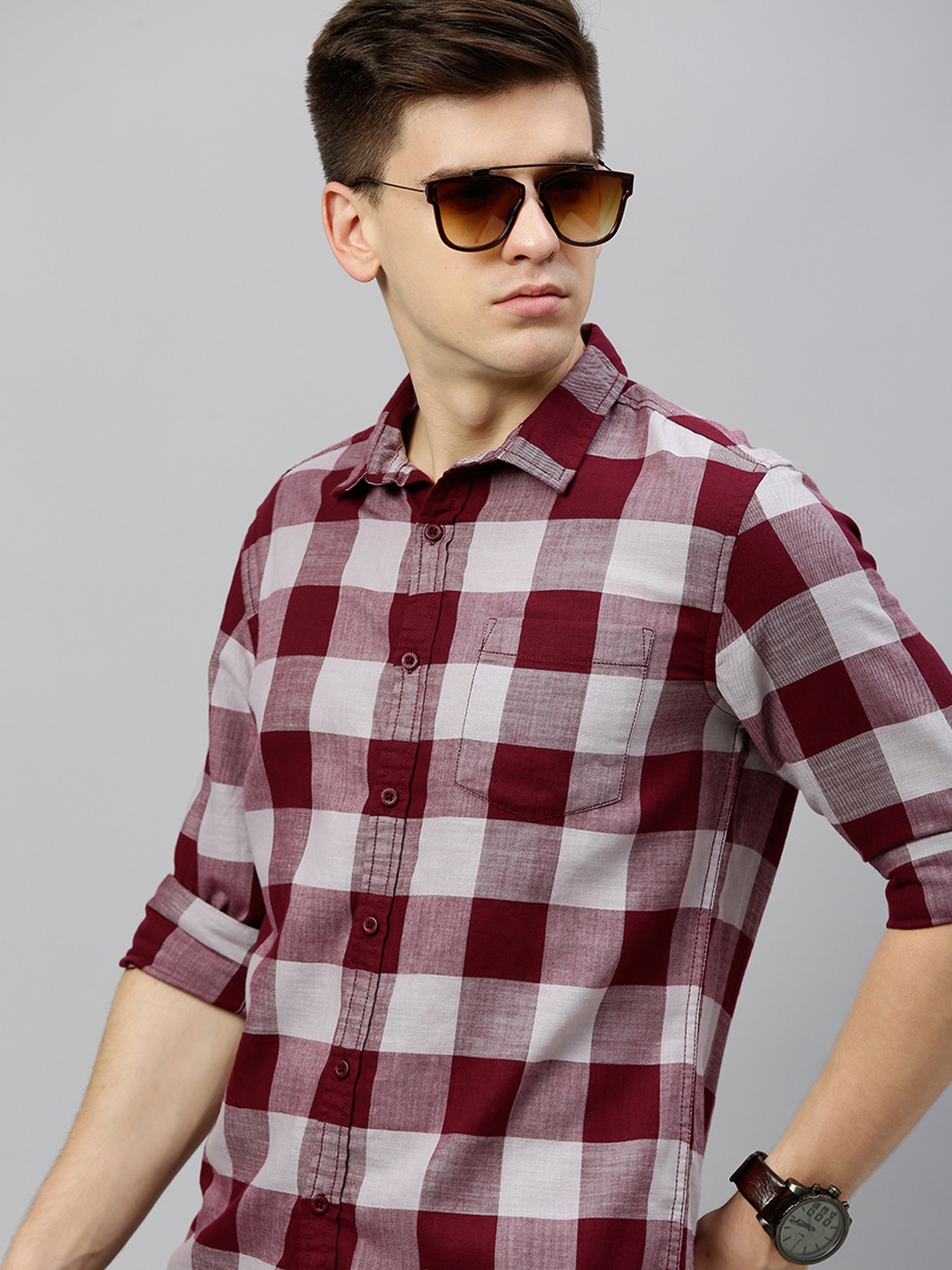 

HERE&NOW Men Maroon & Off-White Slim Fit Checked Casual Shirt