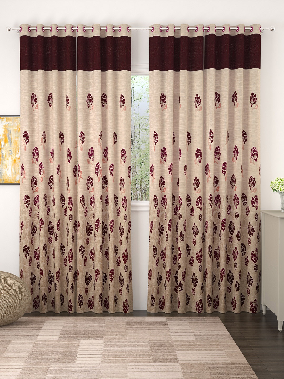 

Story@home Set of 4 Beige & Maroon Premium Jacquard 350GSM Room Darkening Eyelet Long Door Curtains