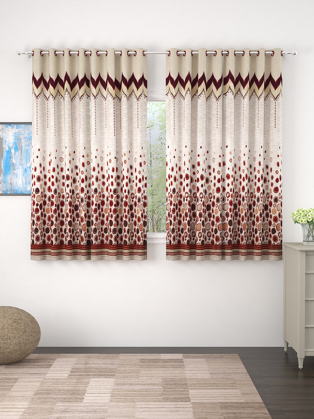 

Story@home Set of 4 Beige & Maroon Geometric Jacquard Pattern Window Curtains