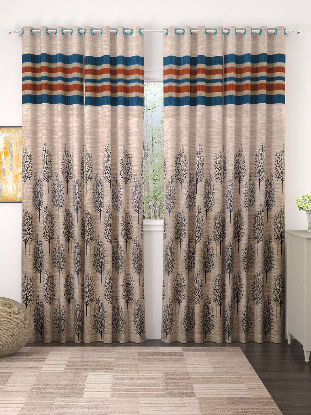 

Story@home Set of 4 Beige & Teal Blue Premium Jacquard 350GSM Room Darkening Eyelet Long Door Curtains