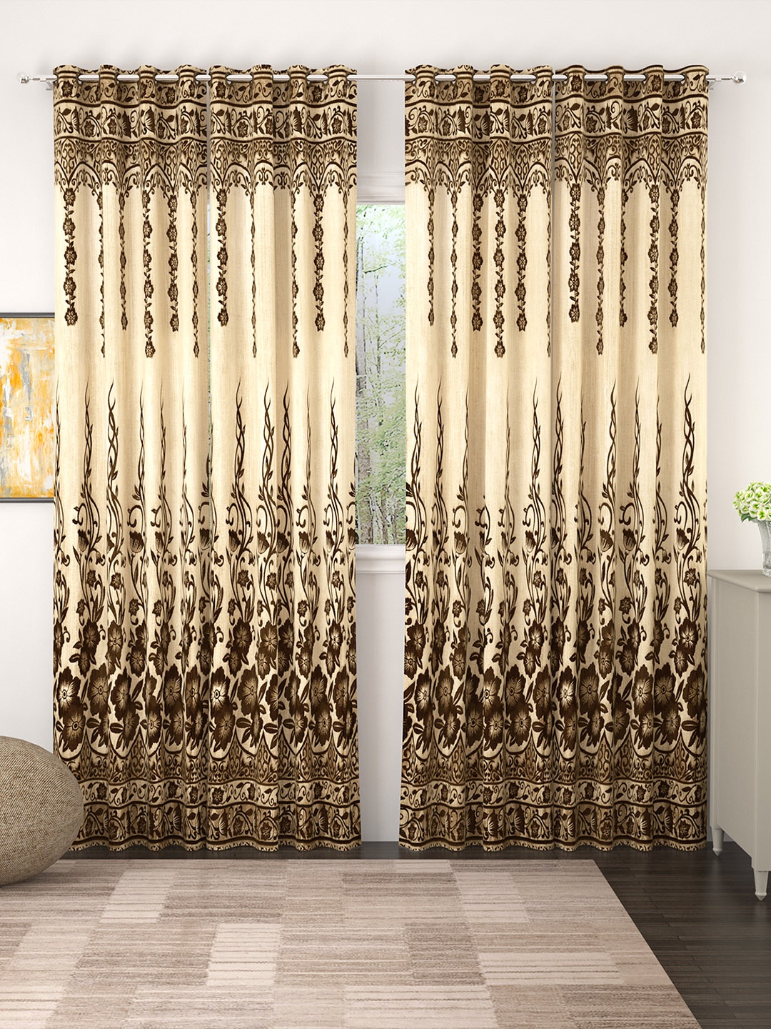 

Story@home Set of 4 Cream-Coloured & Coffee Brown Jacquard Pattern Long Door Curtains