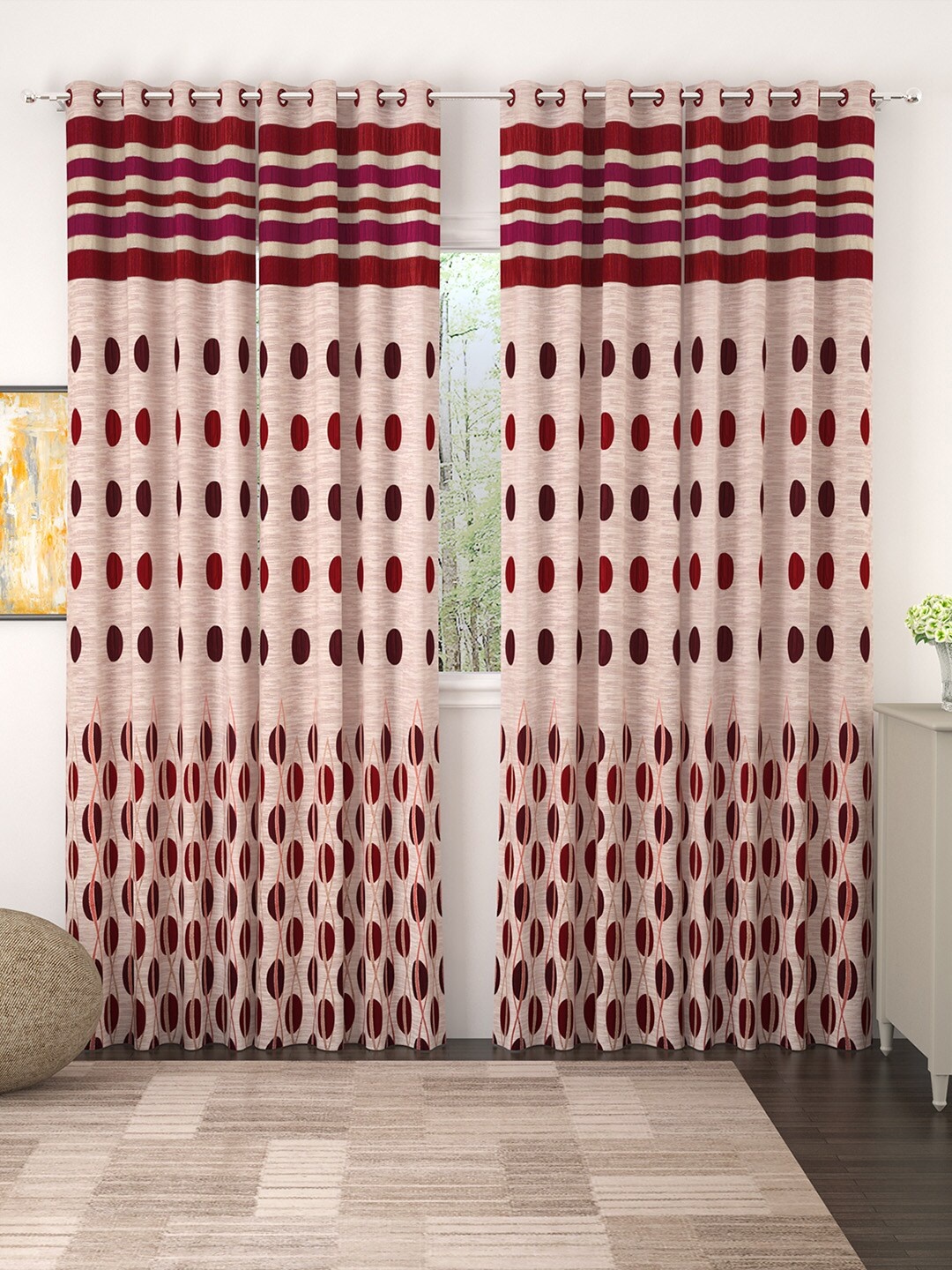 

Story@home Set of 4 Beige & Maroon Geometric Pattern Long Door Curtains