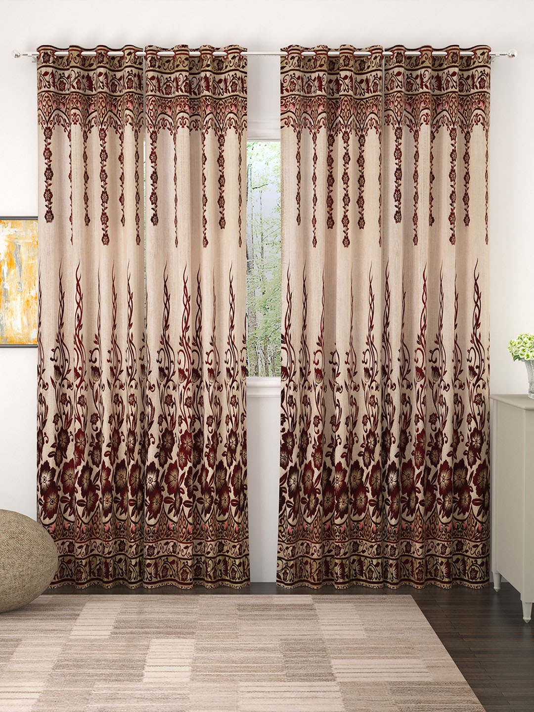 

Story@home Beige & Brown Set of 4 Premium Jacquard 350GSM Room Darkening Eyelet Long Door Curtains
