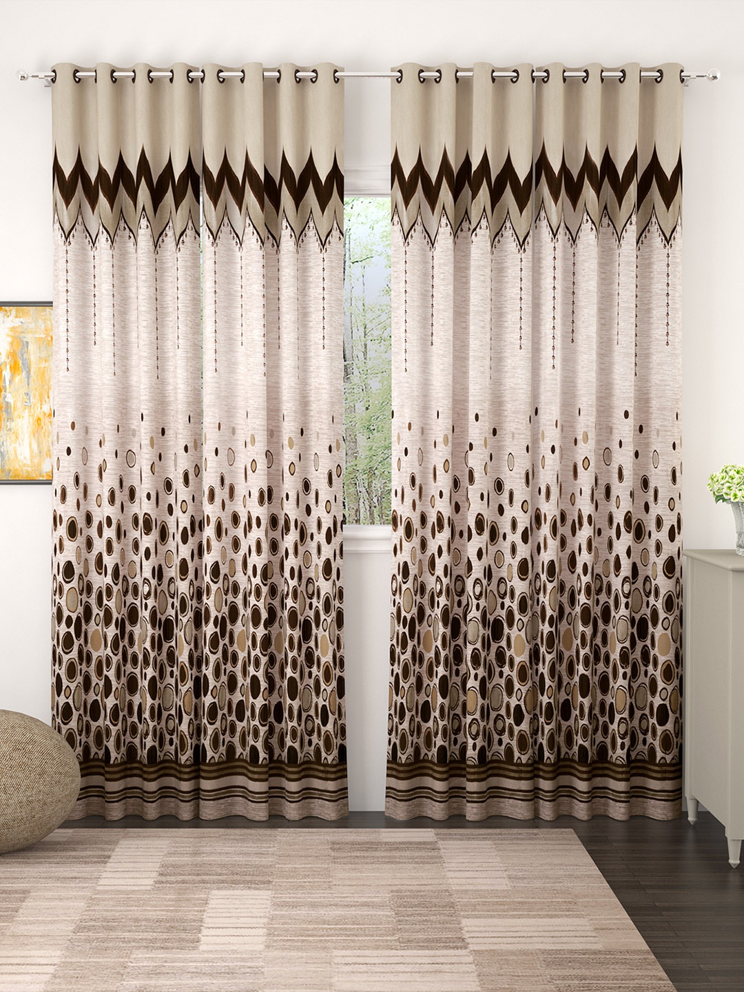 

Story@home Set of 4 Beige & Coffee Brown Premium Jacquard 350GSM Room Darkening Eyelet Door Curtains