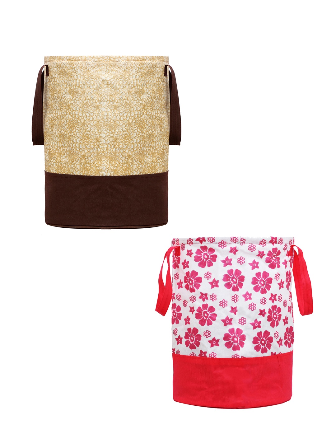 

Kuber Industries Set Of 2 Beige & Pink Printed Waterproof Laundry Bags