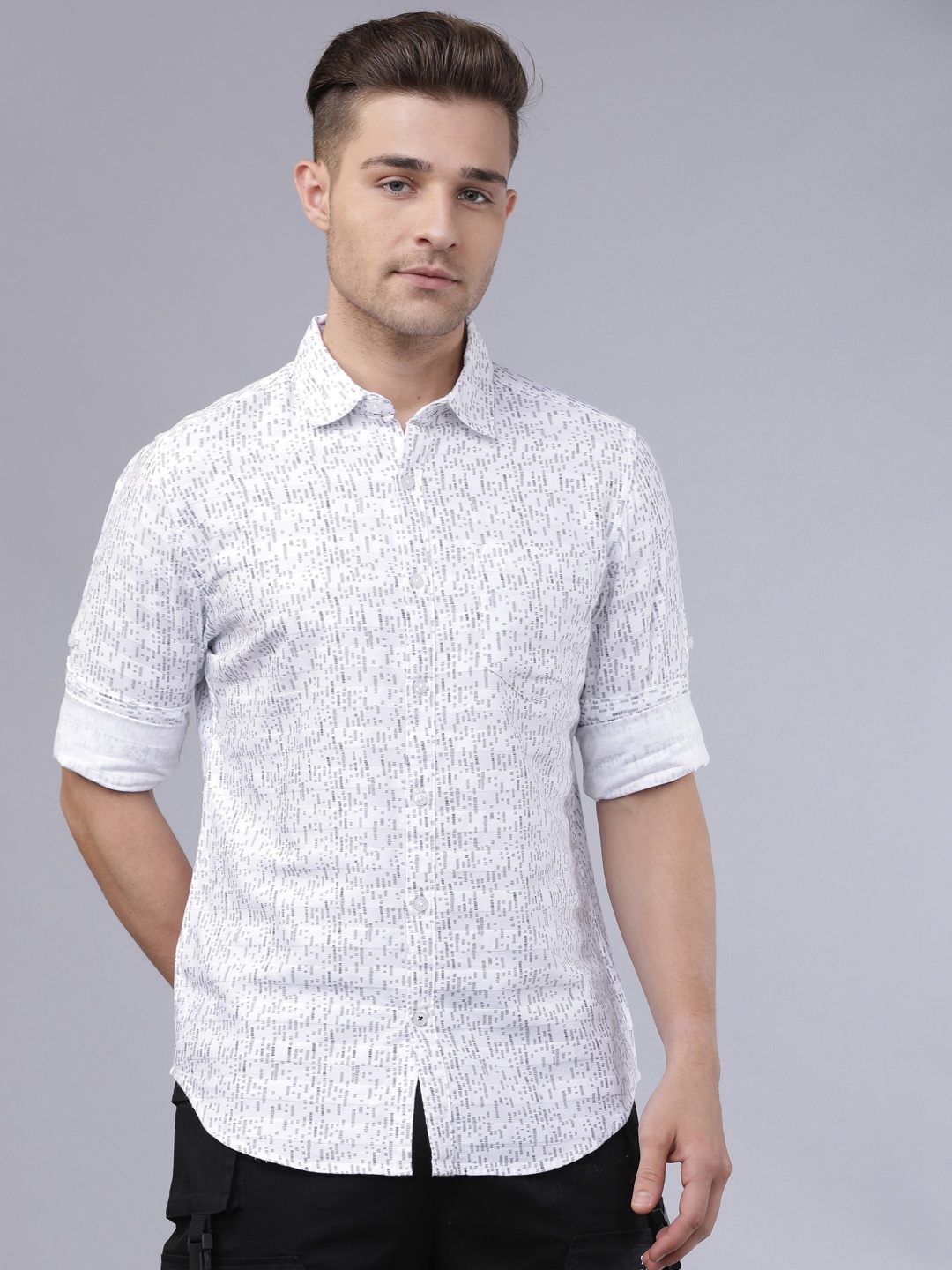 

HIGHLANDER Men White & Grey Slim Fit Printed Casual Shirt
