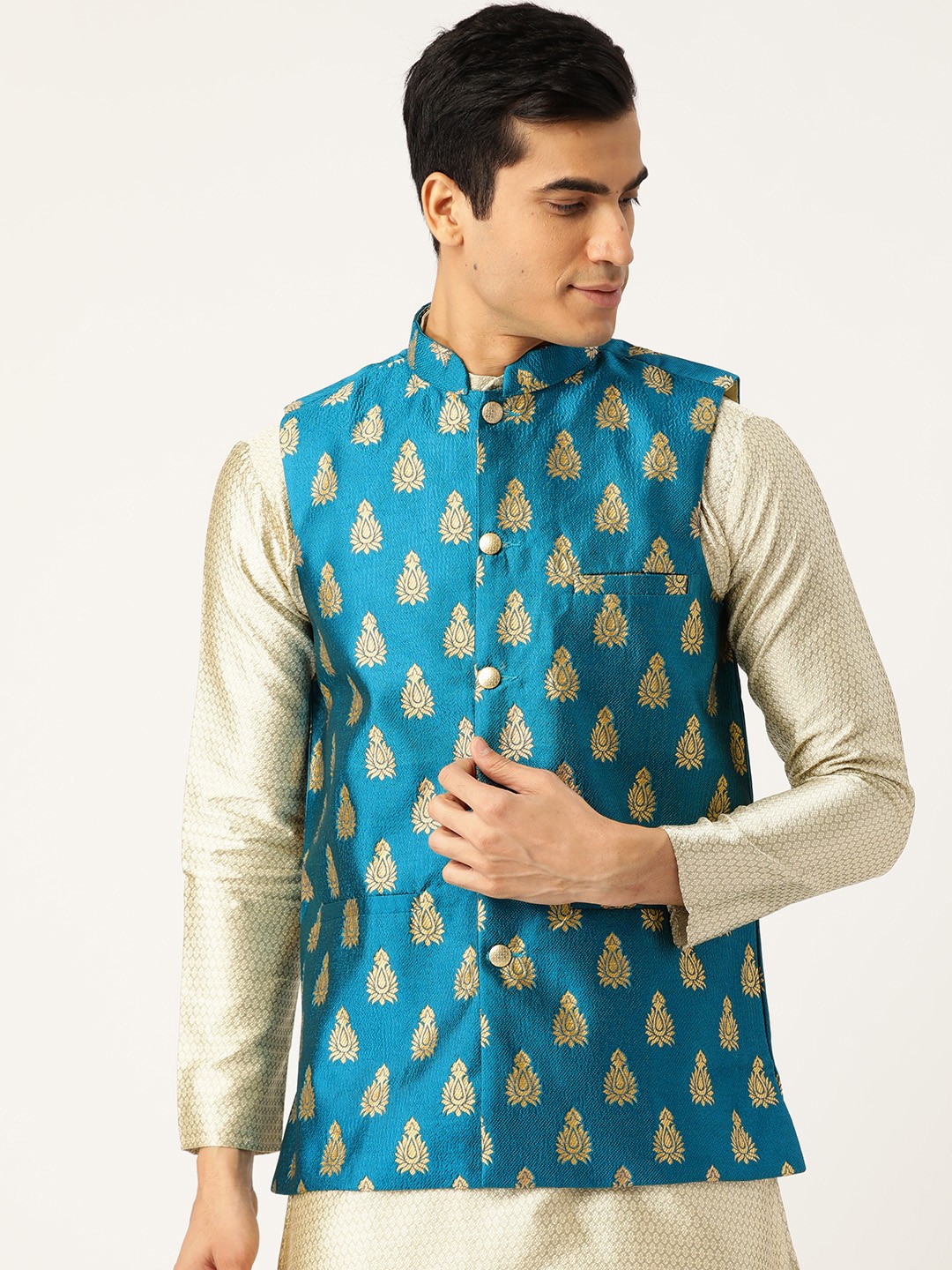 

SOJANYA Men Blue & Golden Woven Design Nehru Jacket