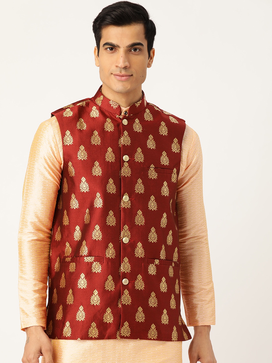 

SOJANYA Men Maroon & Golden Woven Design Nehru Jacket