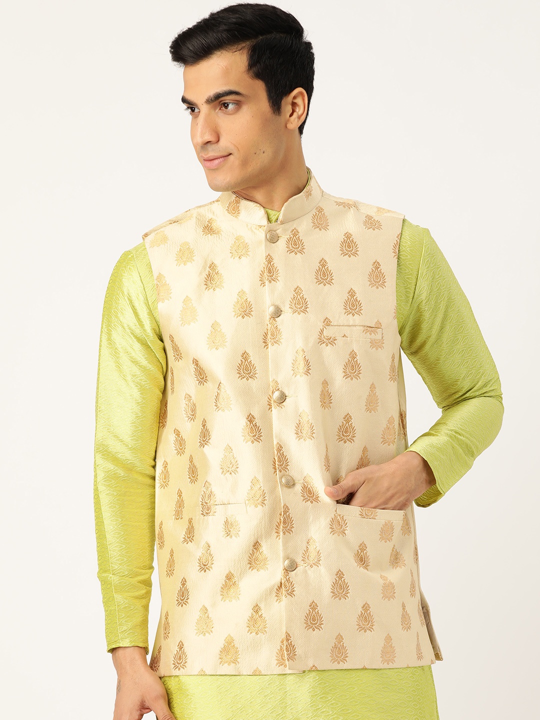 

SOJANYA Men Beige & Golden Woven Design Nehru Jacket