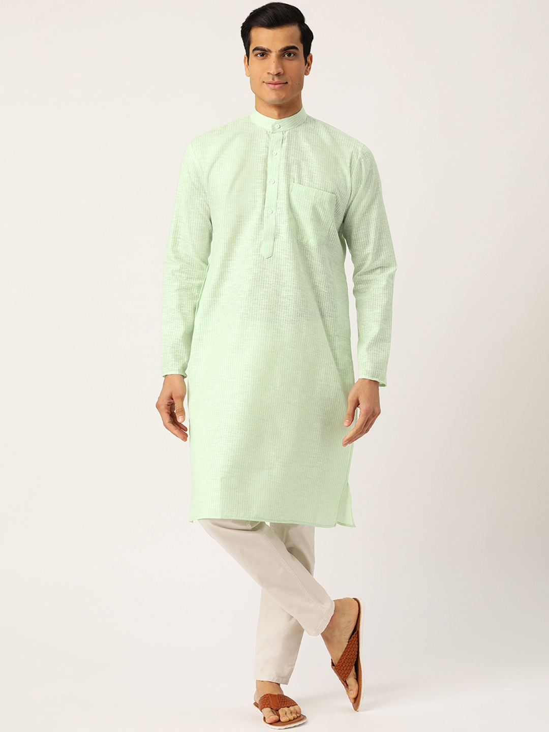 

SOJANYA Men Green & White Striped Straight Kurta