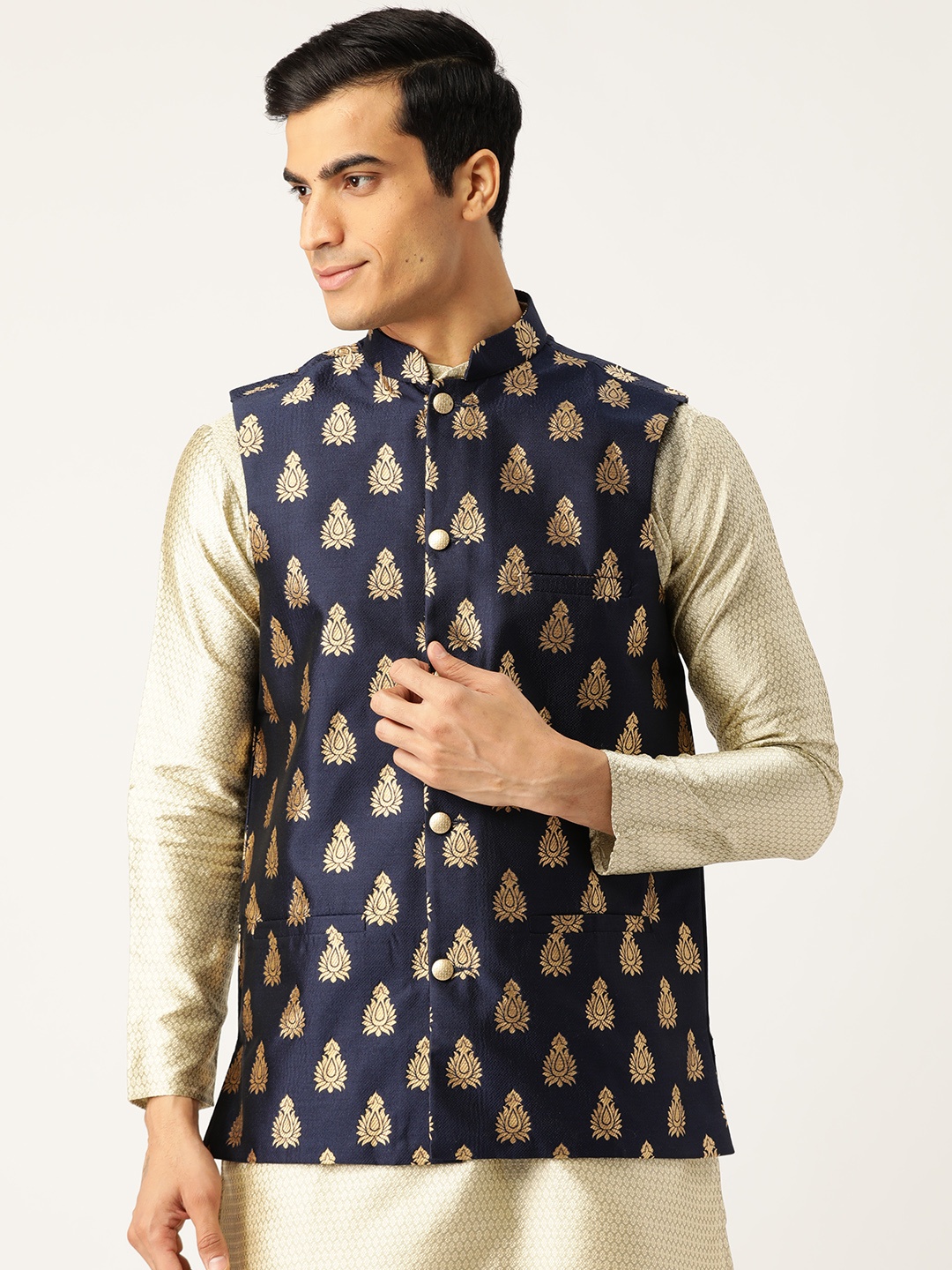 

SOJANYA Men Navy Blue & Golden Woven Design Nehru Jacket