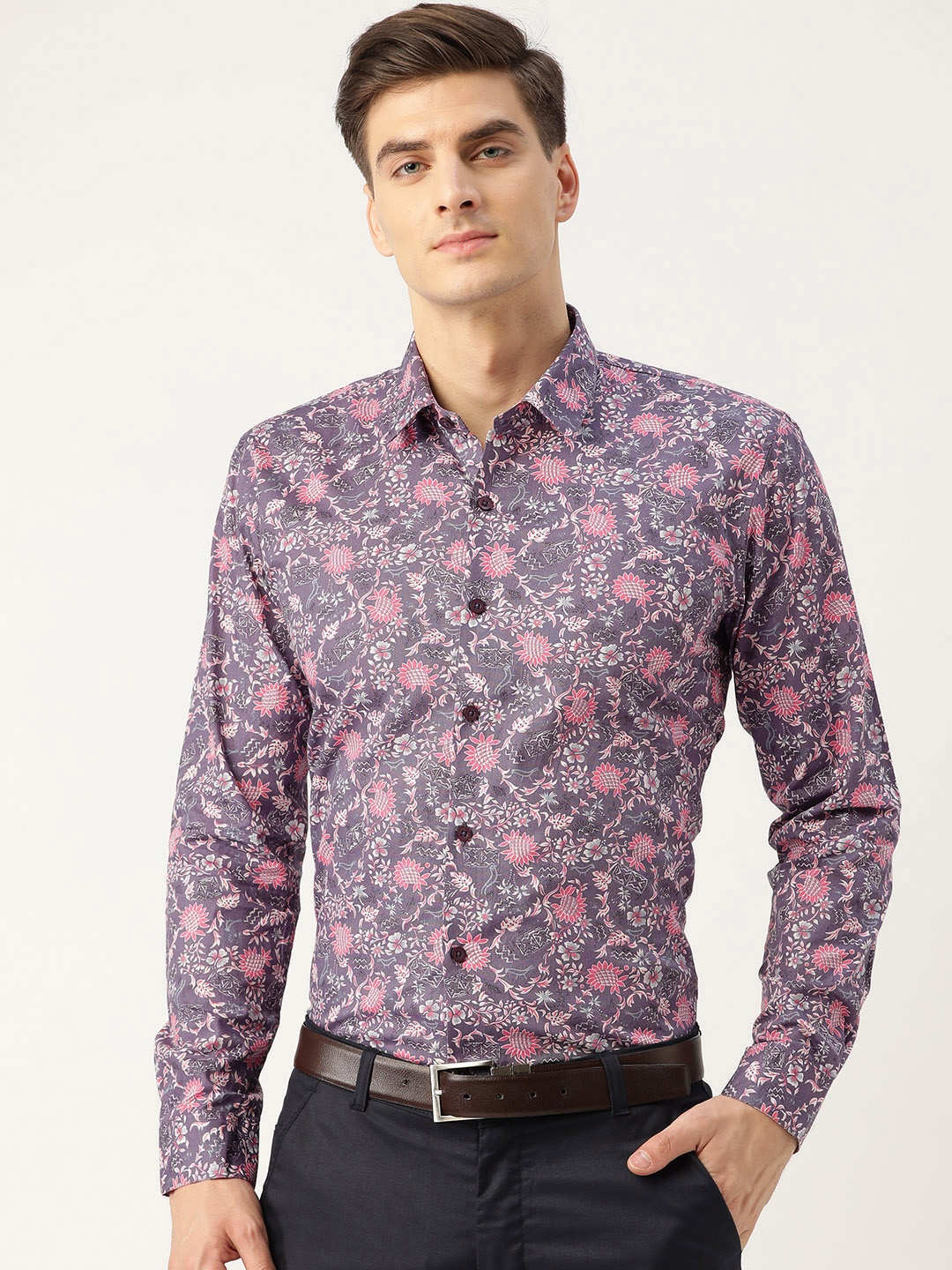

SOJANYA Men Mauve & Pink Classic Regular Fit Floral Print Semiformal Shirt