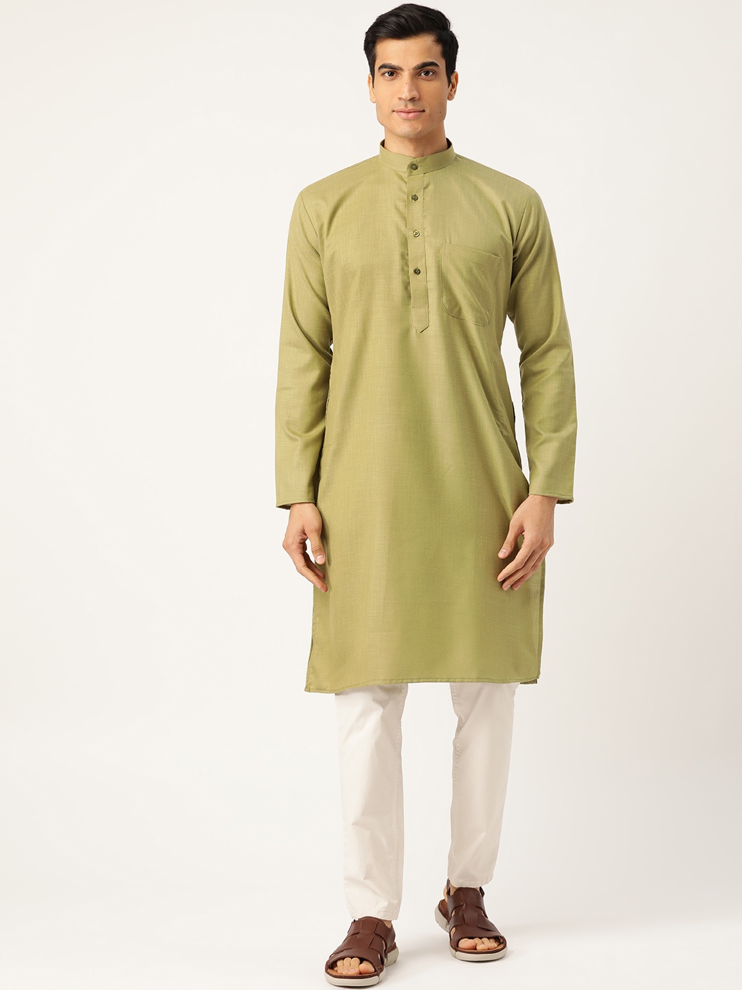 

SOJANYA Men Olive Green Solid Straight Kurta