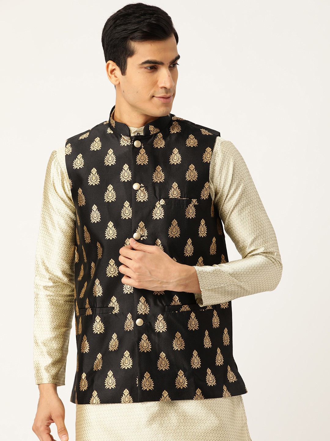 

SOJANYA Men Black & Golden Woven Design Nehru Jacket