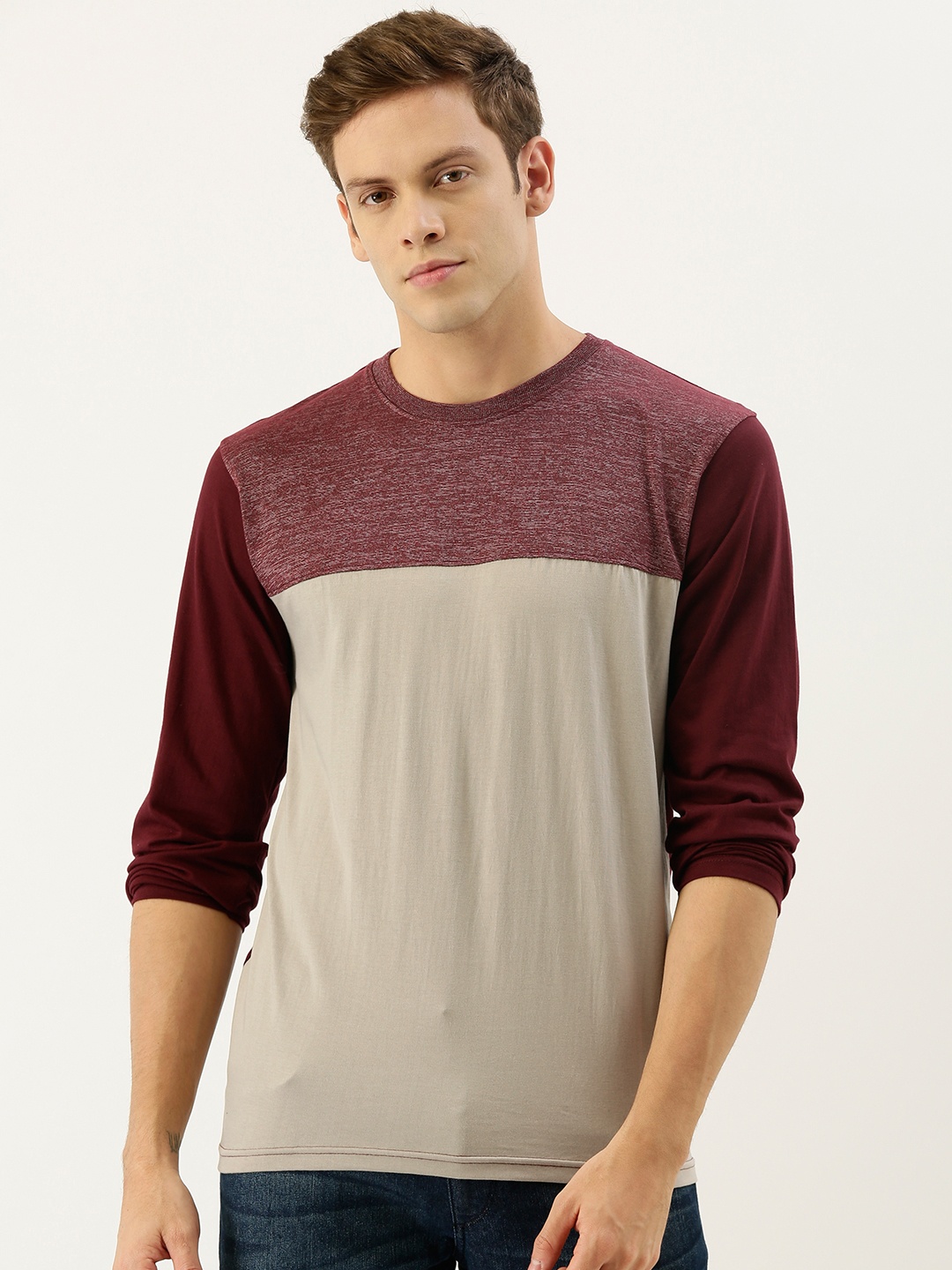 

ARISE Men Maroon Beige Colourblocked Round Neck Pure Cotton T-shirt