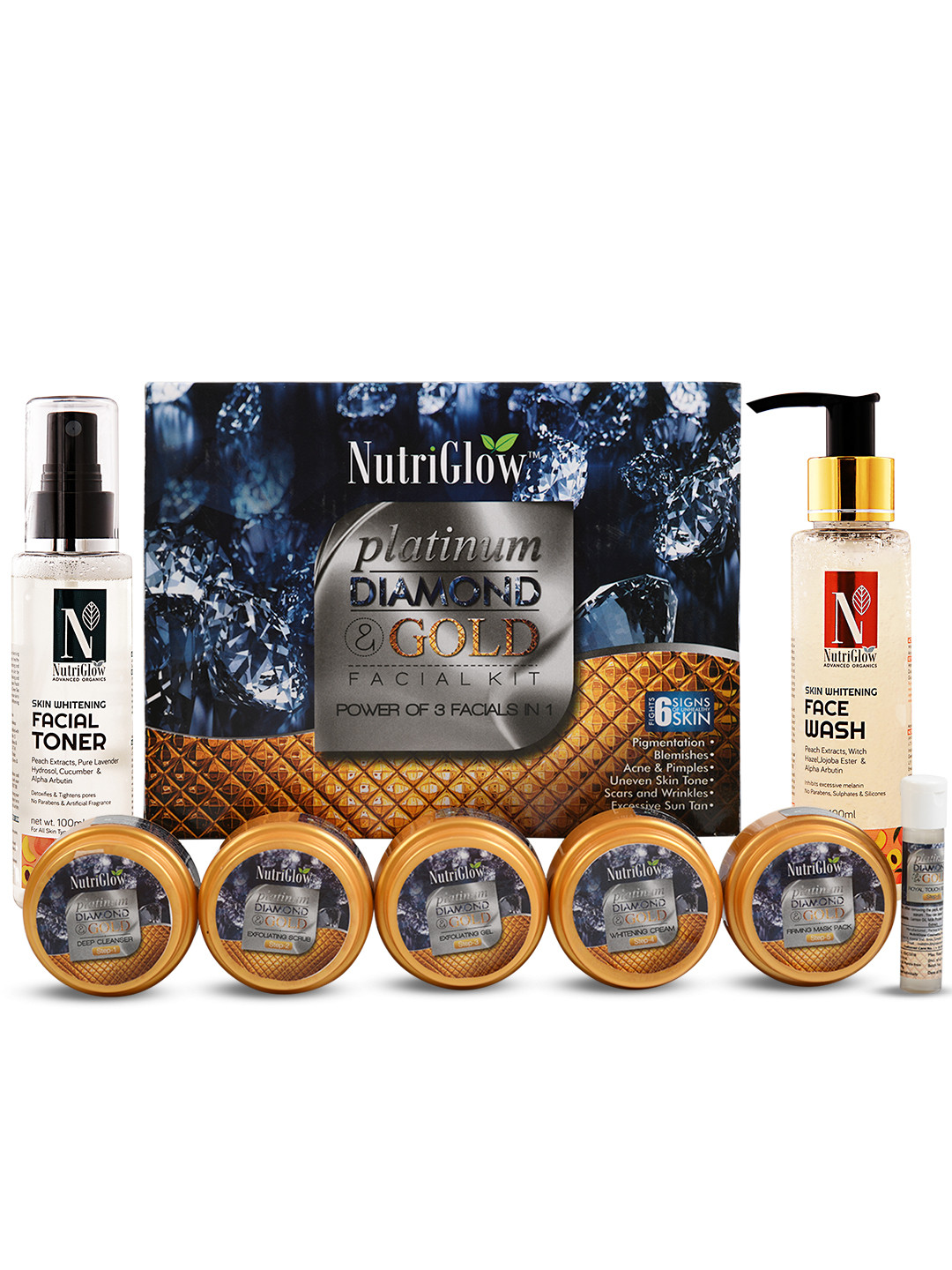 

NutriGlow Platinum Diamond & Gold Facial Kit 250g+10ml with Face Wash 100ml & Toner 100ml, Multi