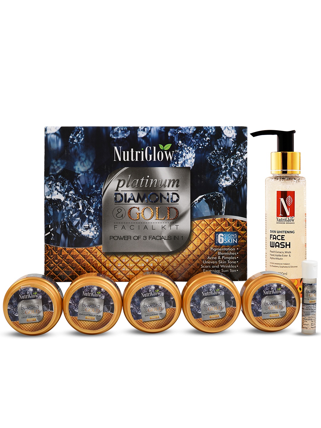 

NutriGlow Platinum Diamond & Gold Facial Kit 250g+10ml & Skin Whitening Face Wash 100ml, Multi
