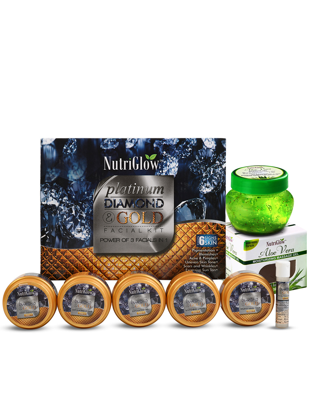 

NutriGlow Set of Platinum Diamond & Gold Facial Kit 250g+10ml & Aloe Vera Gel 100g, Multi