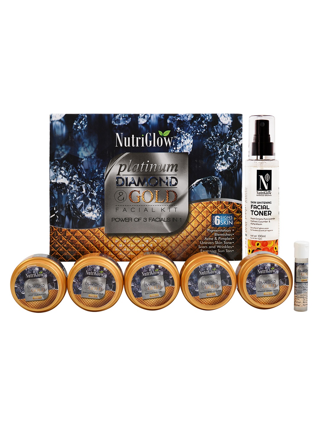 

NutriGlow Platinum Diamond & Gold Facial Kit 250g+10ml & Skin Whitening Facial Toner 100ml, Multi