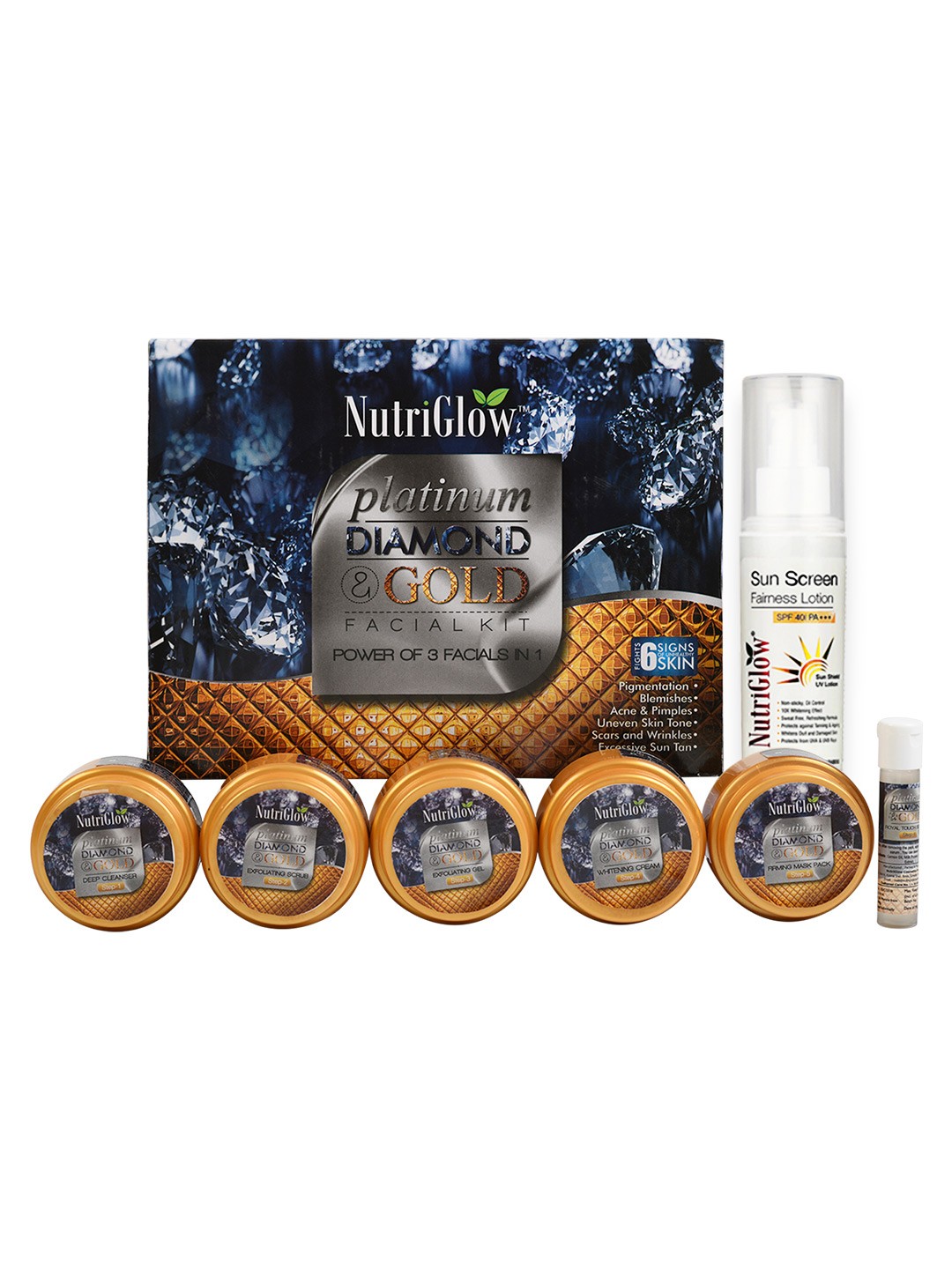 

NutriGlow Platinum Diamond & Gold Facial Kit 250g+10ml & Sunscreen Fairness Lotion 100ml, Multi