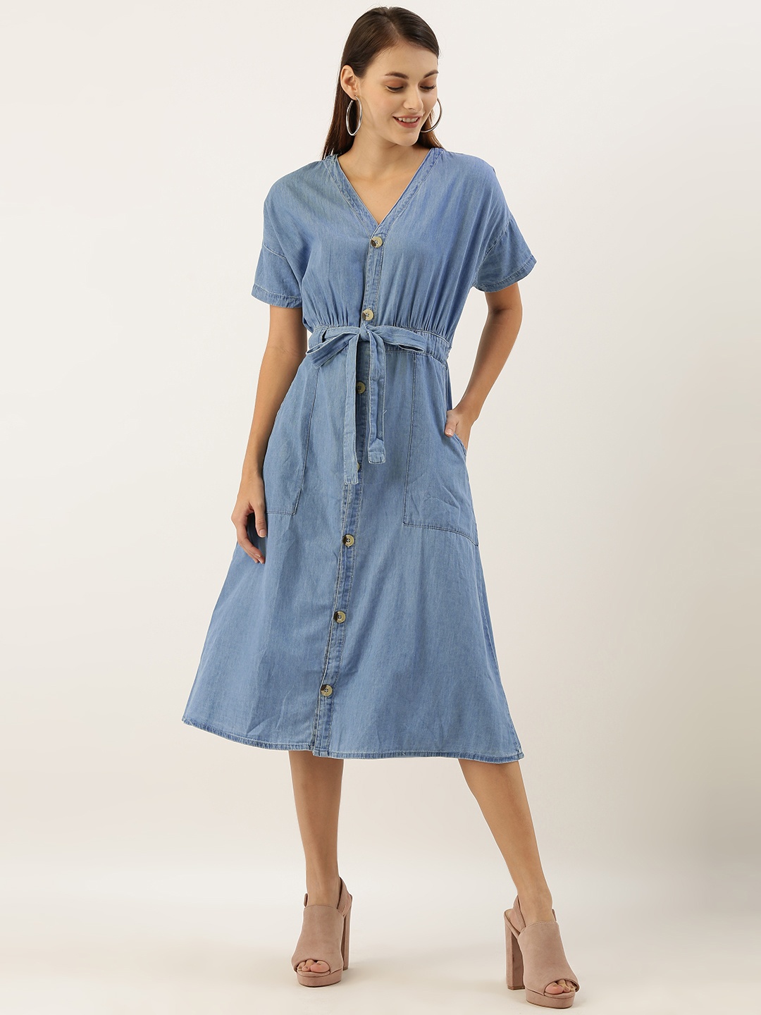 

AND Women Blue Solid Fit and Flare Dress