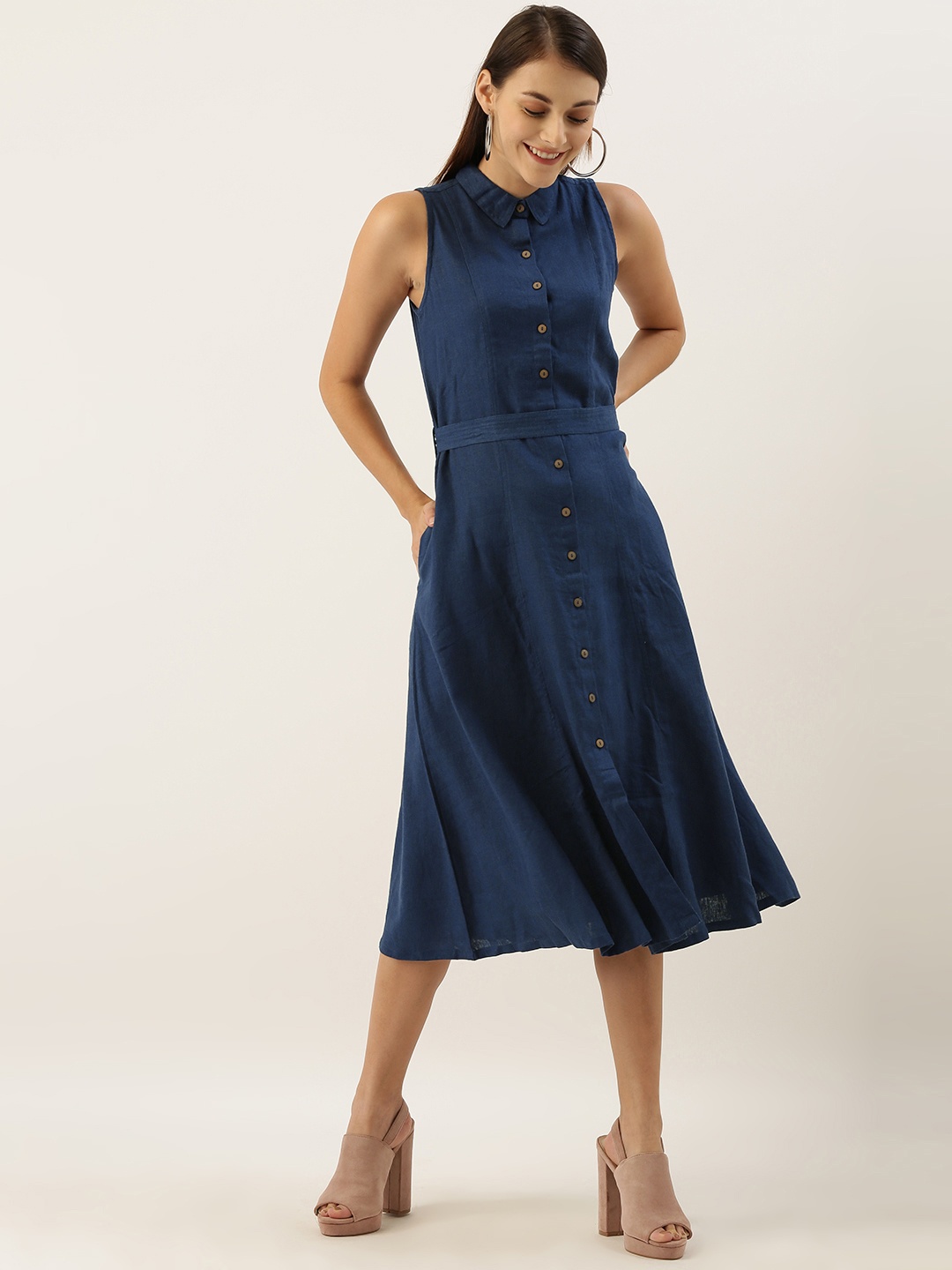 

AND Women Navy Blue Solid Fit and Flare Dress