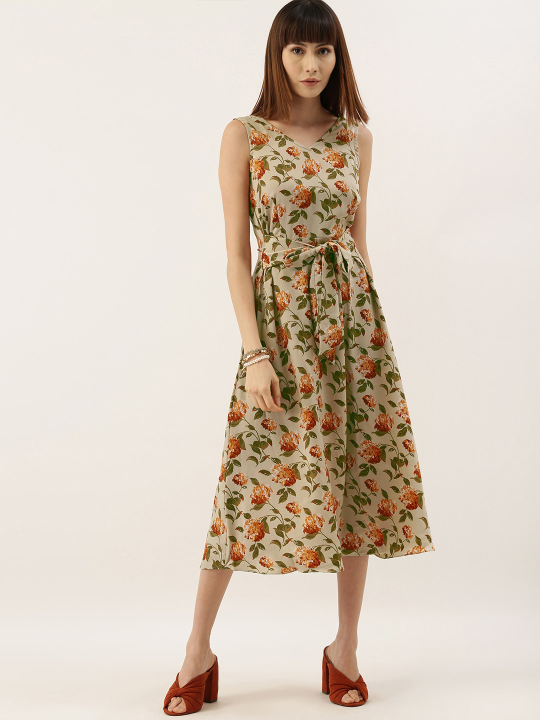 

AND Women Orange & Green Printed A-Line Dress with Waist Tie-Ups