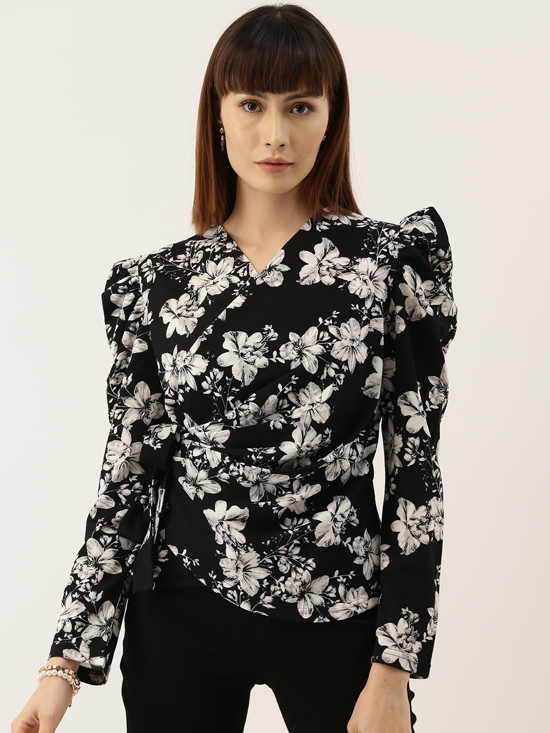 

AND Women Black & White Floral Print Wrap Top